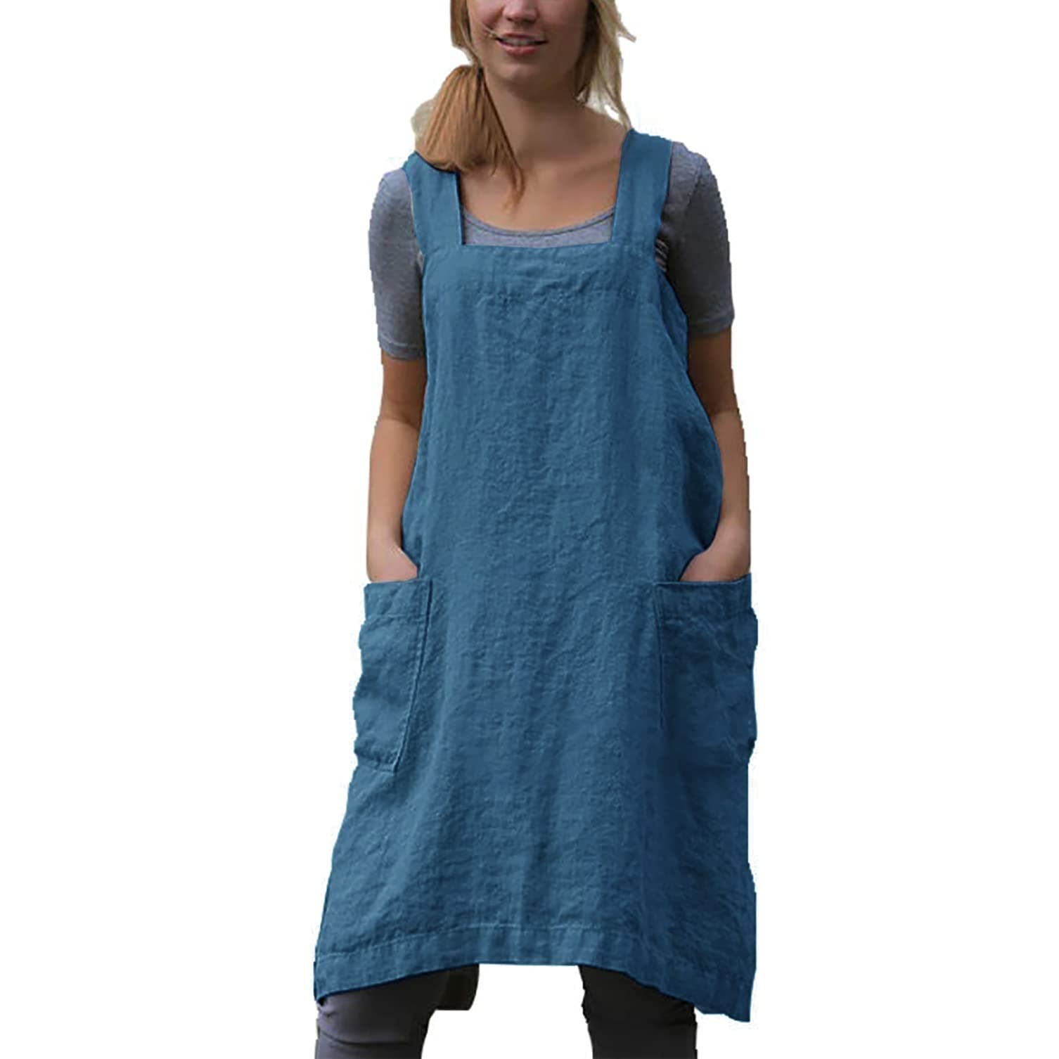 Hawholm Japanese Pinafore Apron Smock Cotton Apron with Pockets Plus Size Aprons for Women, Dark Blue, Small