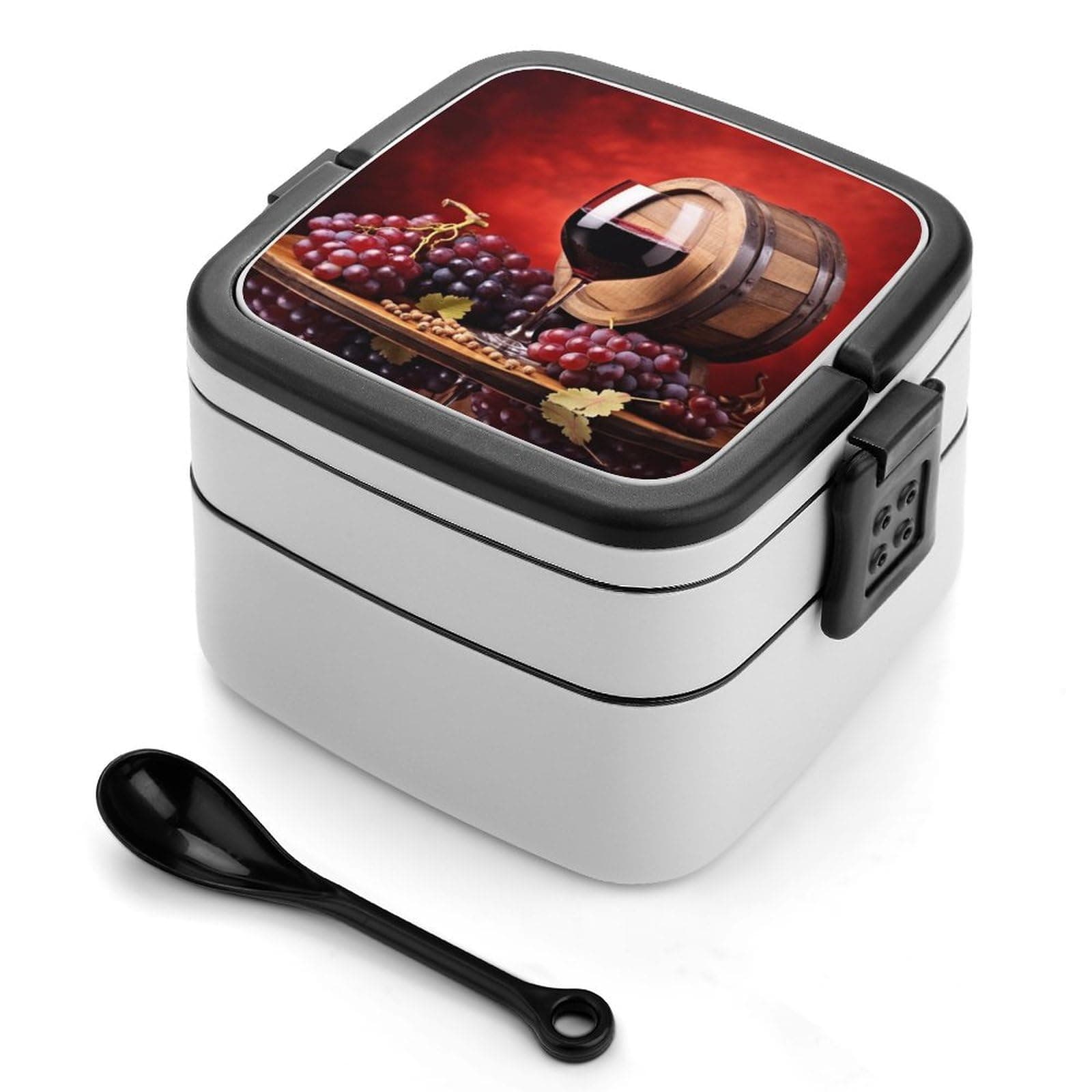 BTCOWZRV All-in-One Bento Box Stackable Leak-Proof Lunch Box With Carry Handle 2 Layer Portable Meal Prep Container Fruit Grape Red Wine Lunchbox with Utensils for Dining Out Work