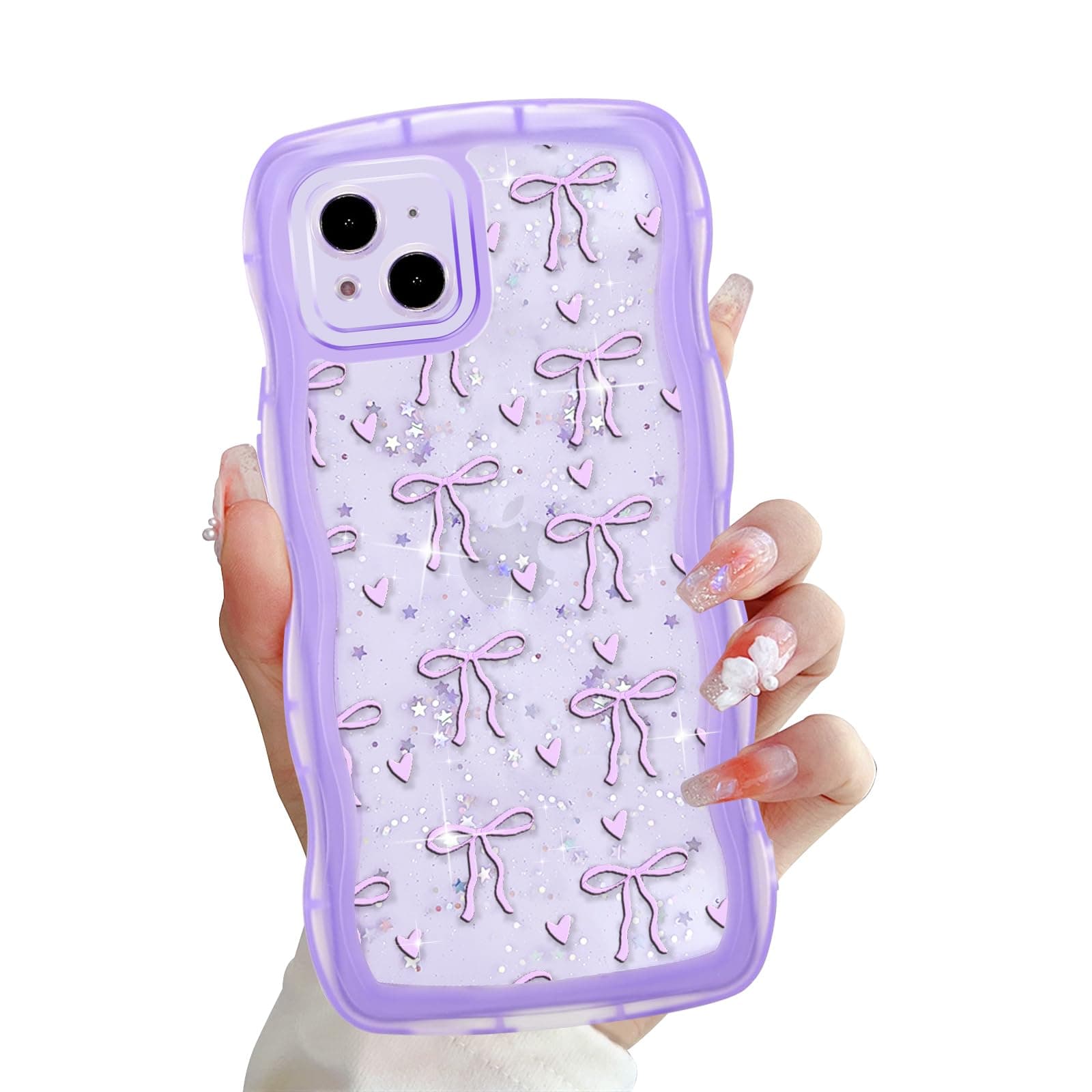 Zrutru Cute Bow Glitter Phone Case for iPhone 14 6.1",Kawaii Ribbons Bling Wave Cases Girly Heart Sparkling Stars Cover for Women Girls,Clear Soft Shockproof Protection Funda for iPhone 14,Purple