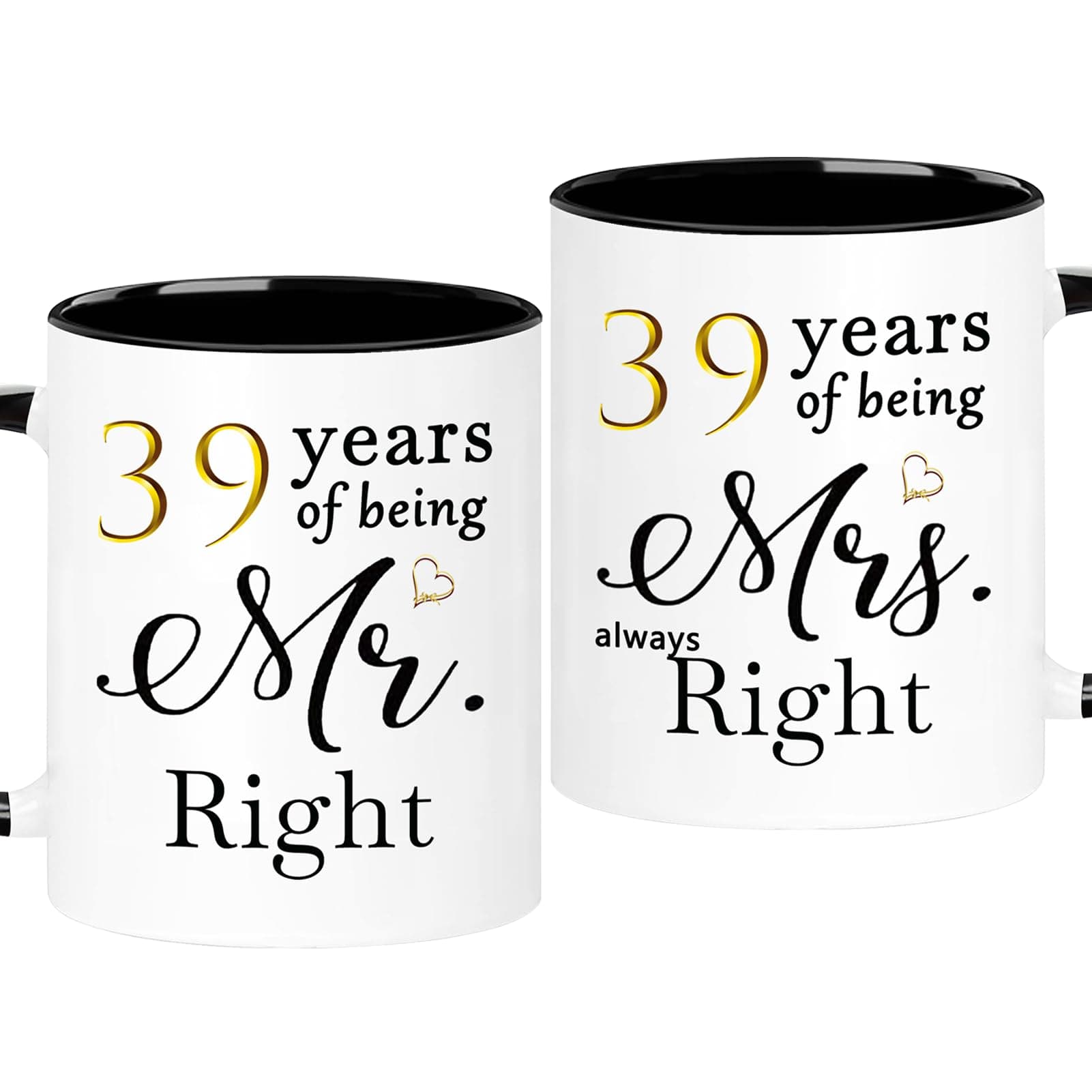 WOSIWULA 39 Year Anniversary Coffee Mugs Set of 2, 39 Years of Being Mr Right/Mrs Always Right, 39th Wedding Anniversary Decorations Gifts Presents Cups for Couple Parents Grandparents, 11oz