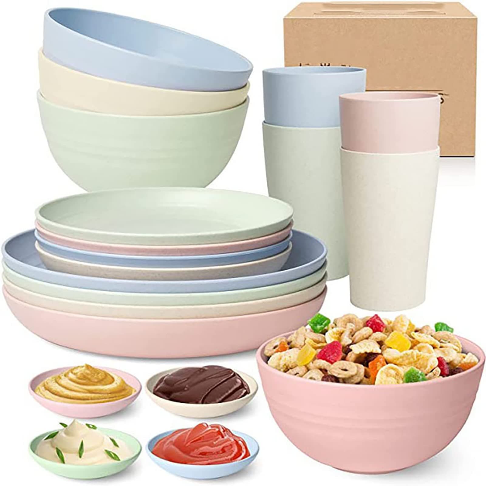20 Pieces Bowl Set Tablewares, Wheat Straw Plates,Lightweight Degradable Dinner Plates Set,Bowls, Cups, Tablewares Set, Dishwasher Safe Dinnerware Set, Unbreakable Salad Plates