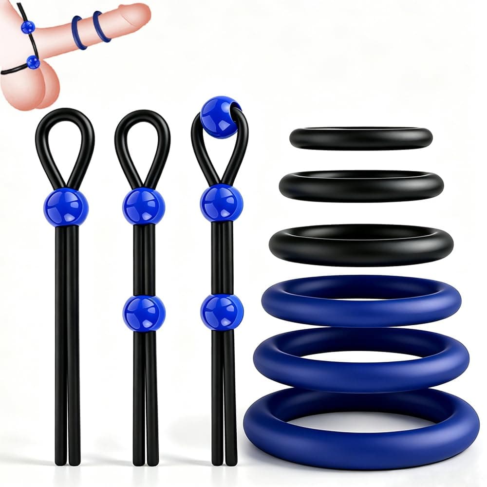 Penis Ring Silicone Cock Ring Set Adjustable Cockring Sex Toys 9 PCS Cock Rings for Men Erection Long Lasting Stronger Adult Toys Cock Sexual Stimulation Device for Men or Couple (Dark Blue)