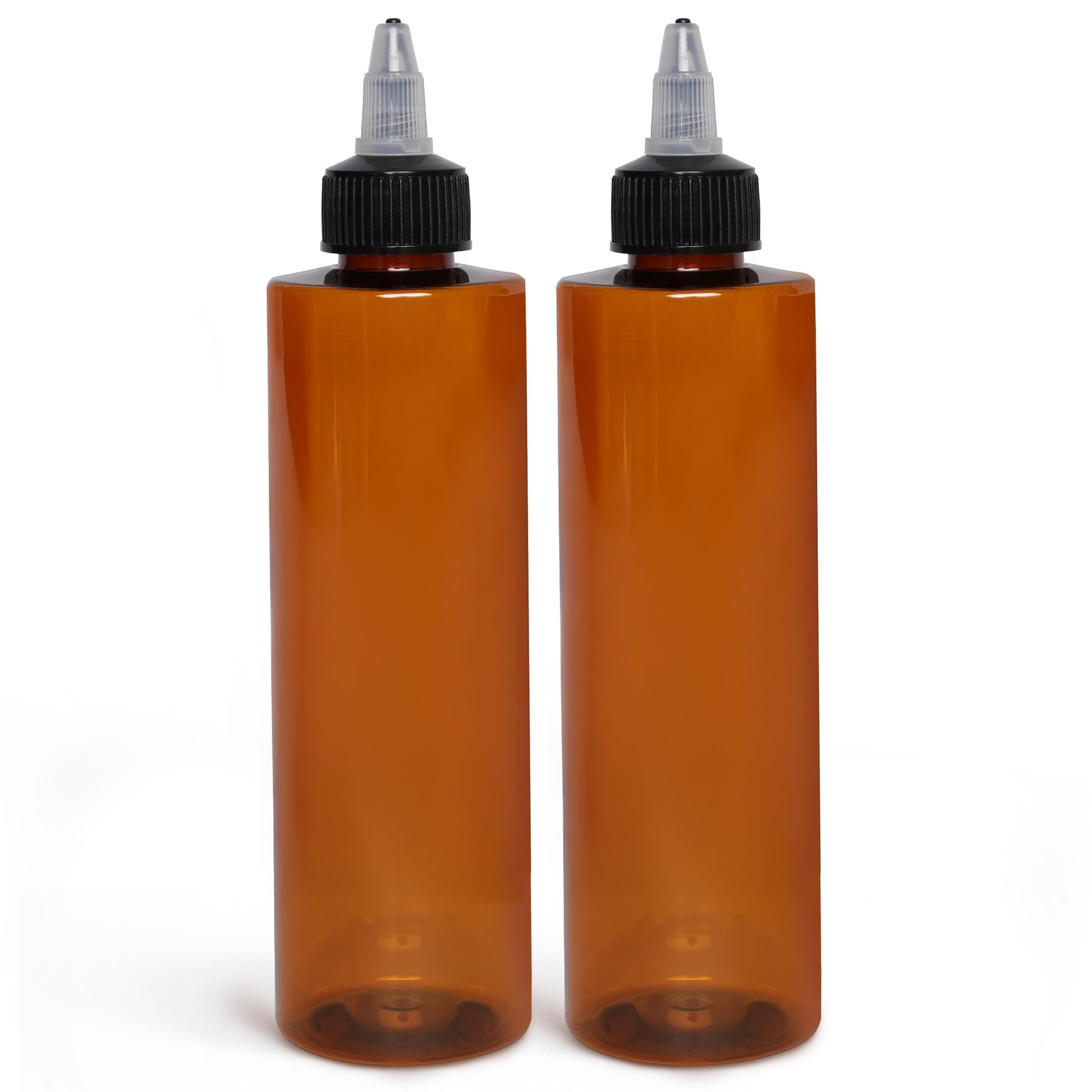 BRIGHTFROM Twist Top Applicator Bottles, 8 OZ Cylinder Empty Squeeze Bottles, Black Nozzle, BPA-Free Plastic, PET, Refillable, Open/Close Nozzle - Multi Purpose (Amber) 2 PACK