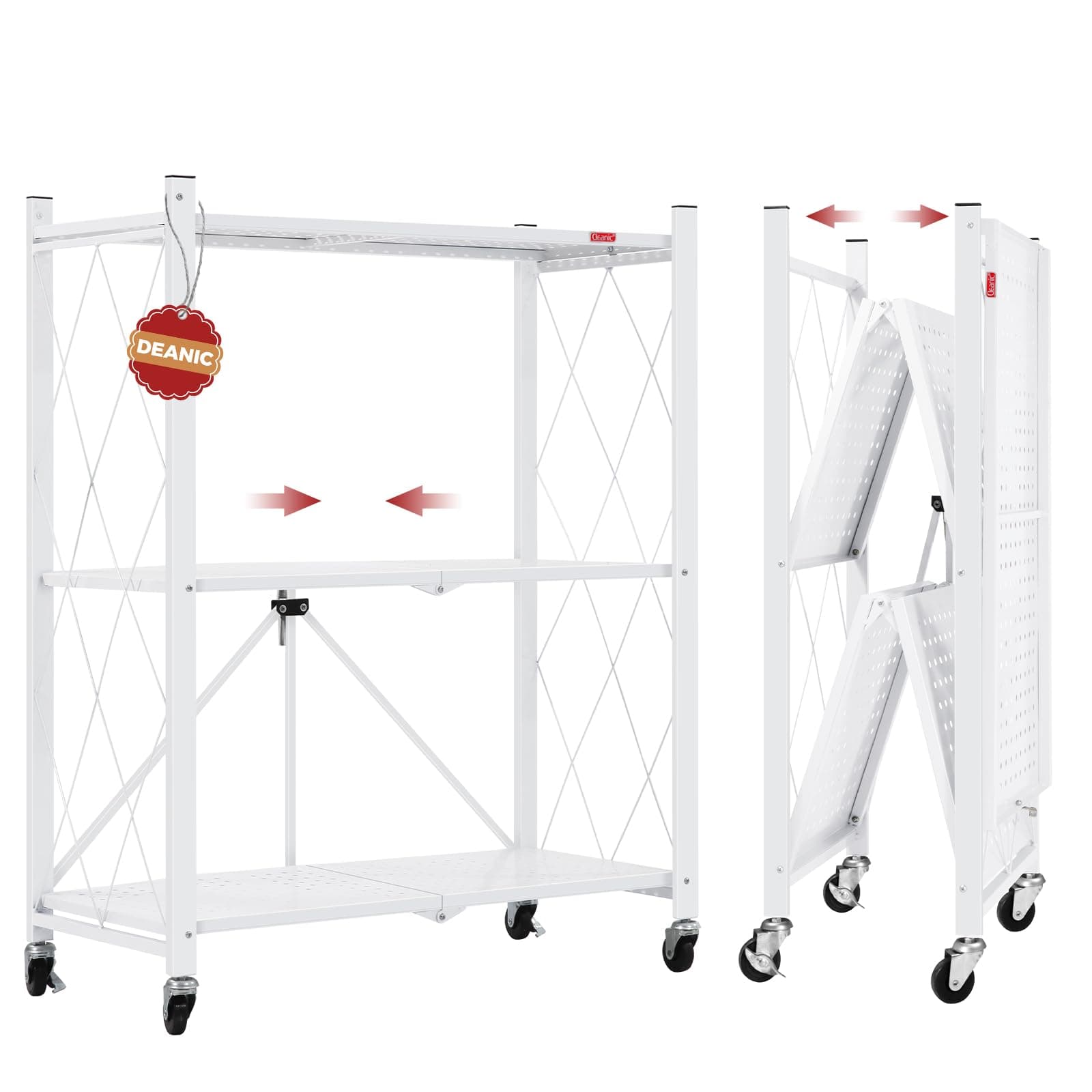 DEANIC 3-Shelf Foldable Storage Shelves with Wheels,No Assembly Microwave Stand, Metal Shelving Units Storage for Garage,Kitchen,Living Room,Basement,Pantry,Entryway,Laundry Closet,White