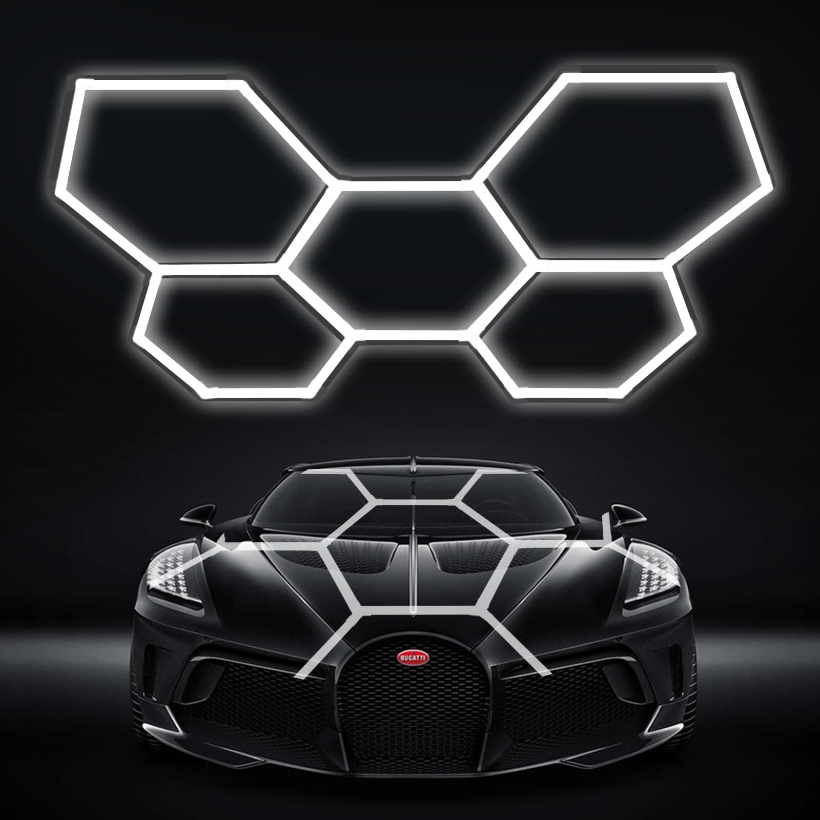 LZHOME Hexagon Garage Light: 5 Grids Updated Bigger Size, 26400LM Super Bright Car Detailing LED Shop Light, Linkable Plug-in Garage LED for Warehouse Workshop Gym Basement Car Wash Room
