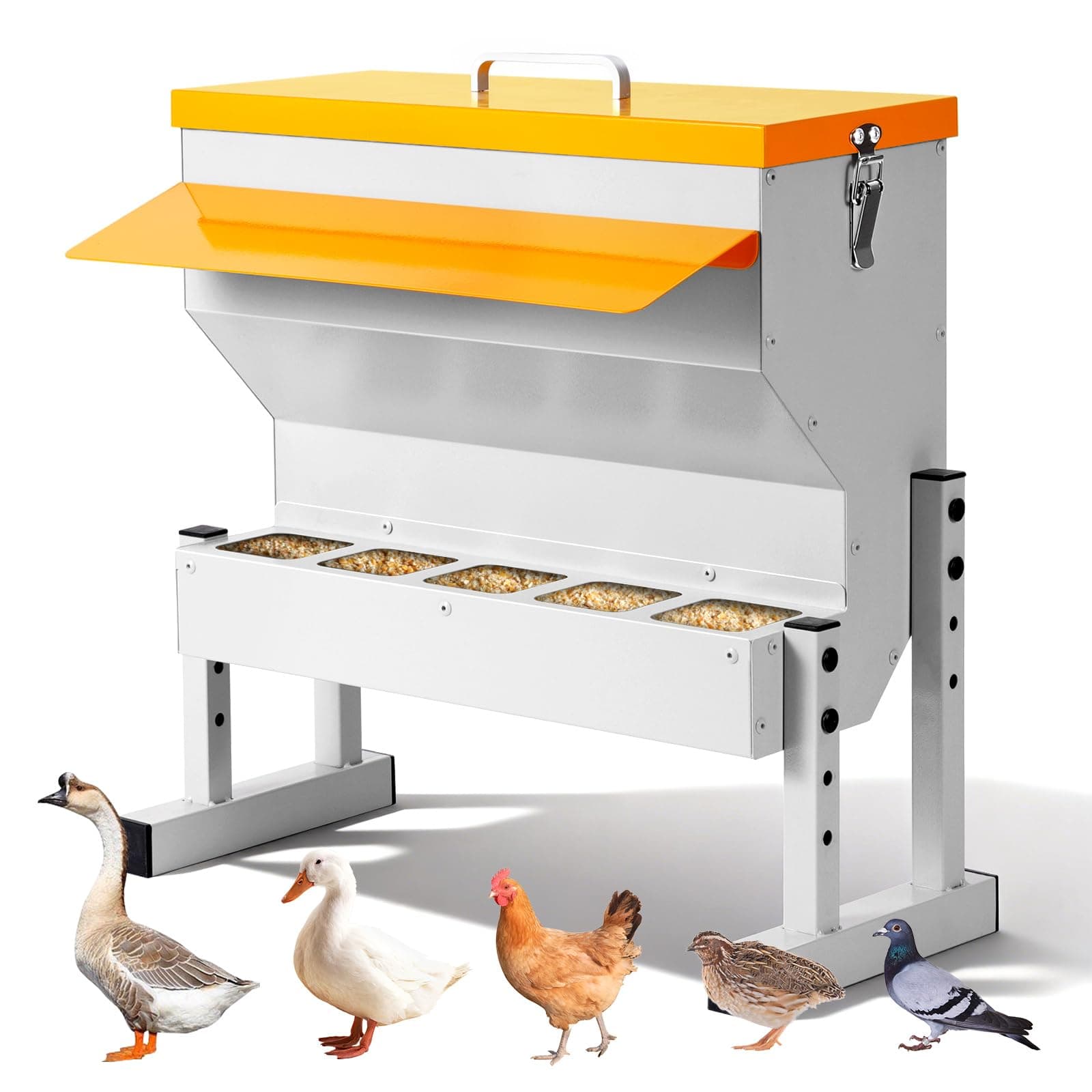 Automatic Chicken Feeder no Waste Metal Duck Feeder with 5 Chicken Feeders Trough Port Wall Mount Large Hanging Poultry Feeder Dispenser with Lid Legs for Outside Chickens Coop Quail Galvanized