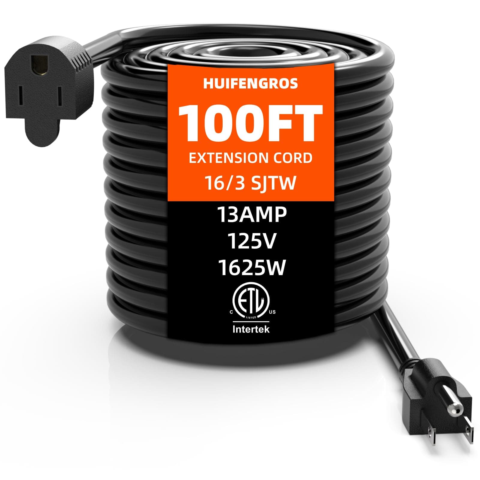 HuiFengros 100 FT Outdoor Extension Cord | Black Extension Cord Waterproof, 16 Gauge 13Amps 125V, SJTW, ETL Listed, Indoor/Outdoor Use