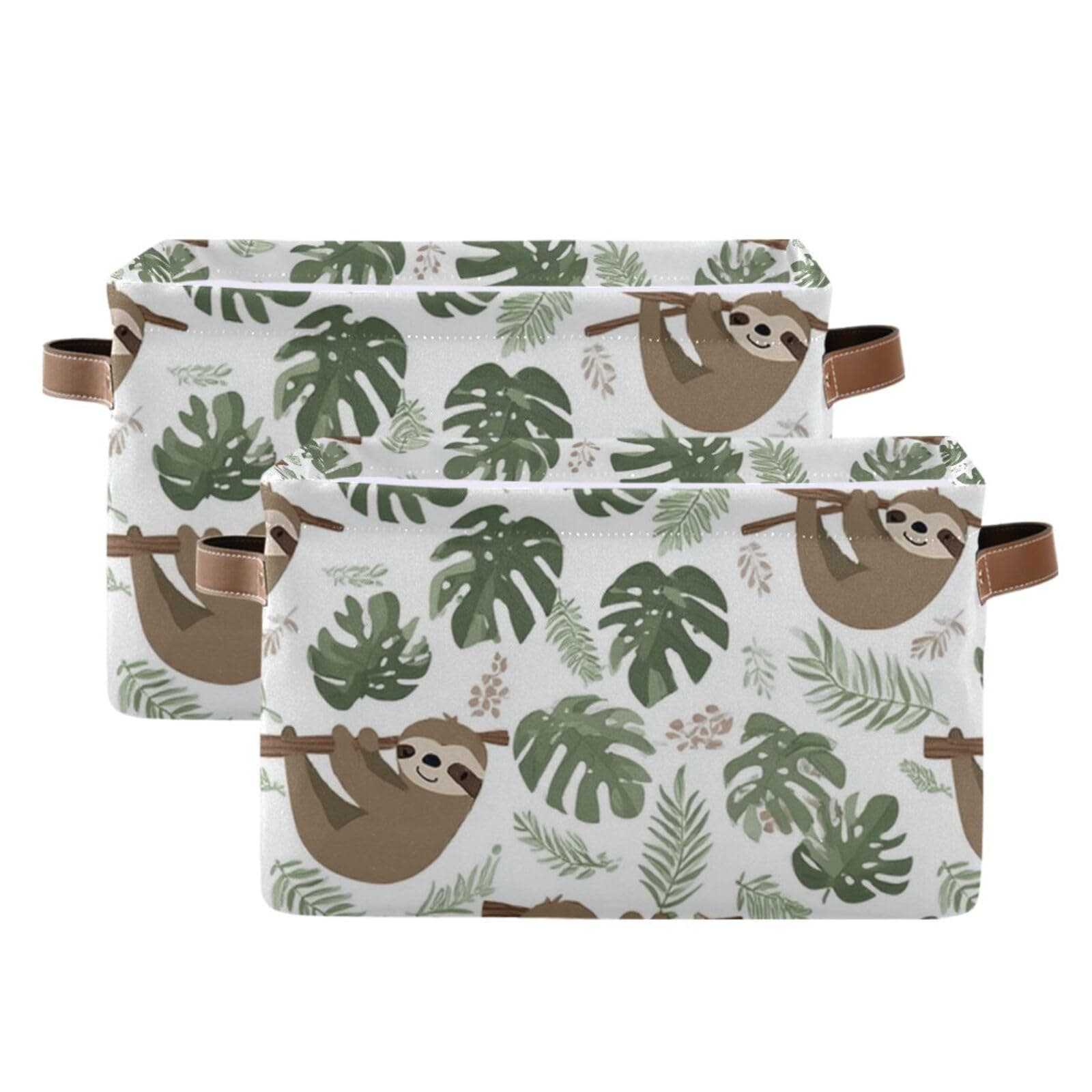 Aslsiy Storage Basket Sloth Tropical Leaves Nursery Bins Baby Box Canvas Clothes Shelf Basket Laundry Hamper Gift Baskets for Home Closet 2 Pcs