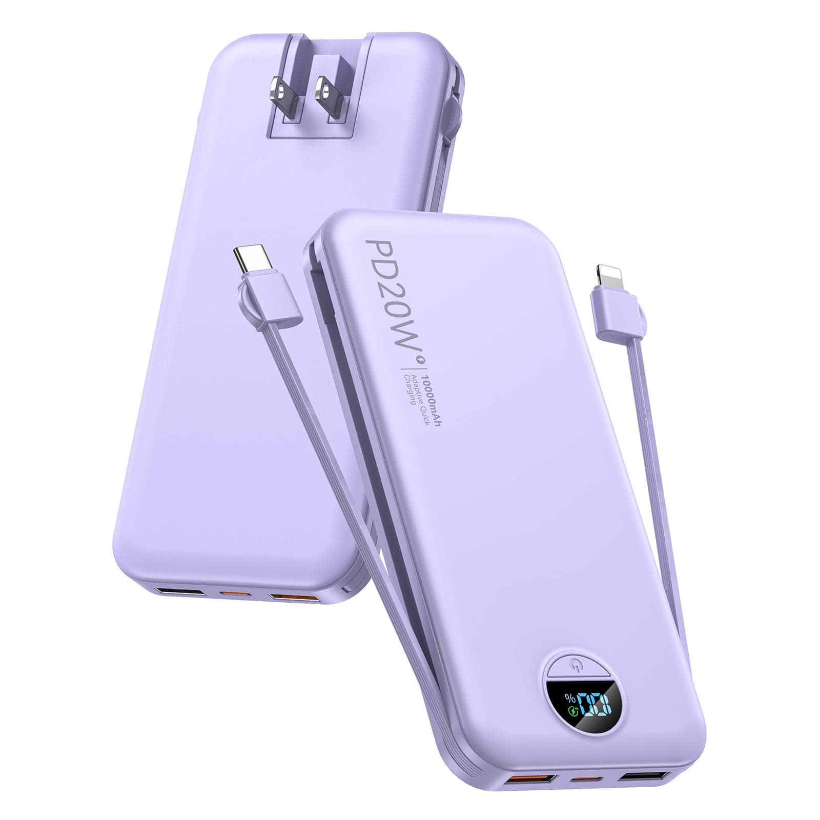 citicr Portable Charger 10000mAh PD20W w/Built-in Cables & Wall Plug Purple