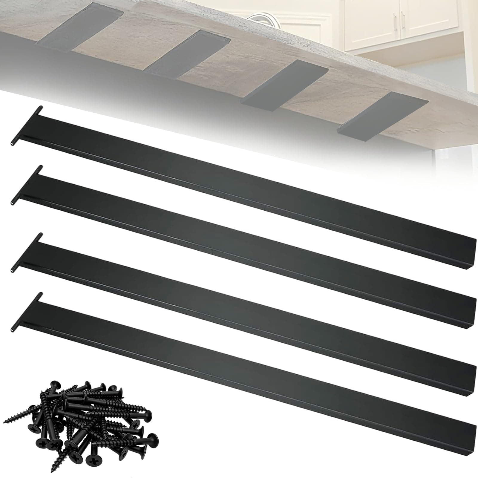 4 Pack Hidden Island Countertop Support Bracket, 36 Inch Heavy Duty Metal Island Support Floating Mount, Solid Floating Shelf Bracket Straight Mount for Granite, Wood, Quartz Countertops