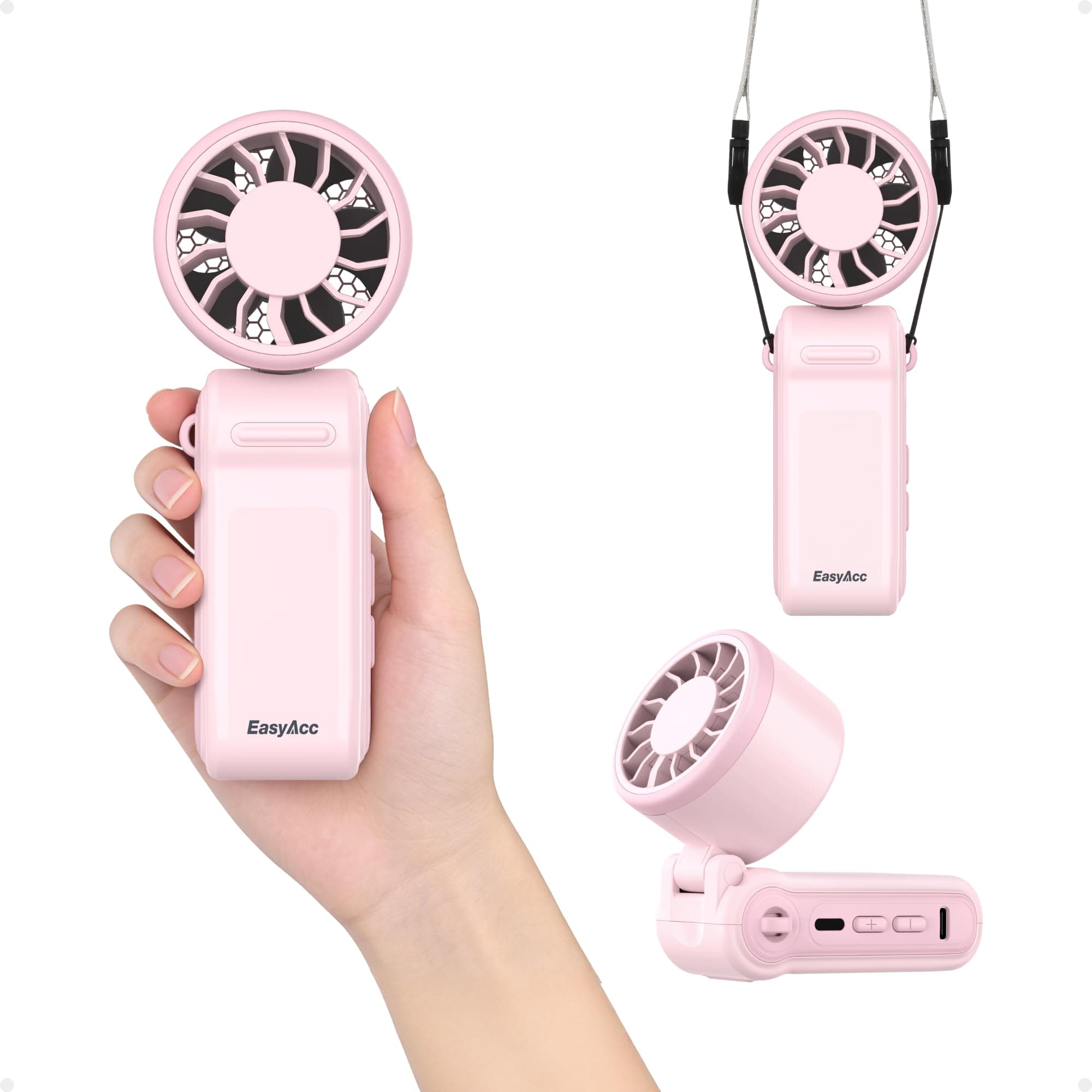 EasyAcc Portable Handheld Fan, Up 10 Hours 6 Blades 180° Foldable Powefull Portable Hand Fan Rechargeable with 3 Speeds, Quiet Travel Fan Small Personal Fan for Travel Camping Outdoors