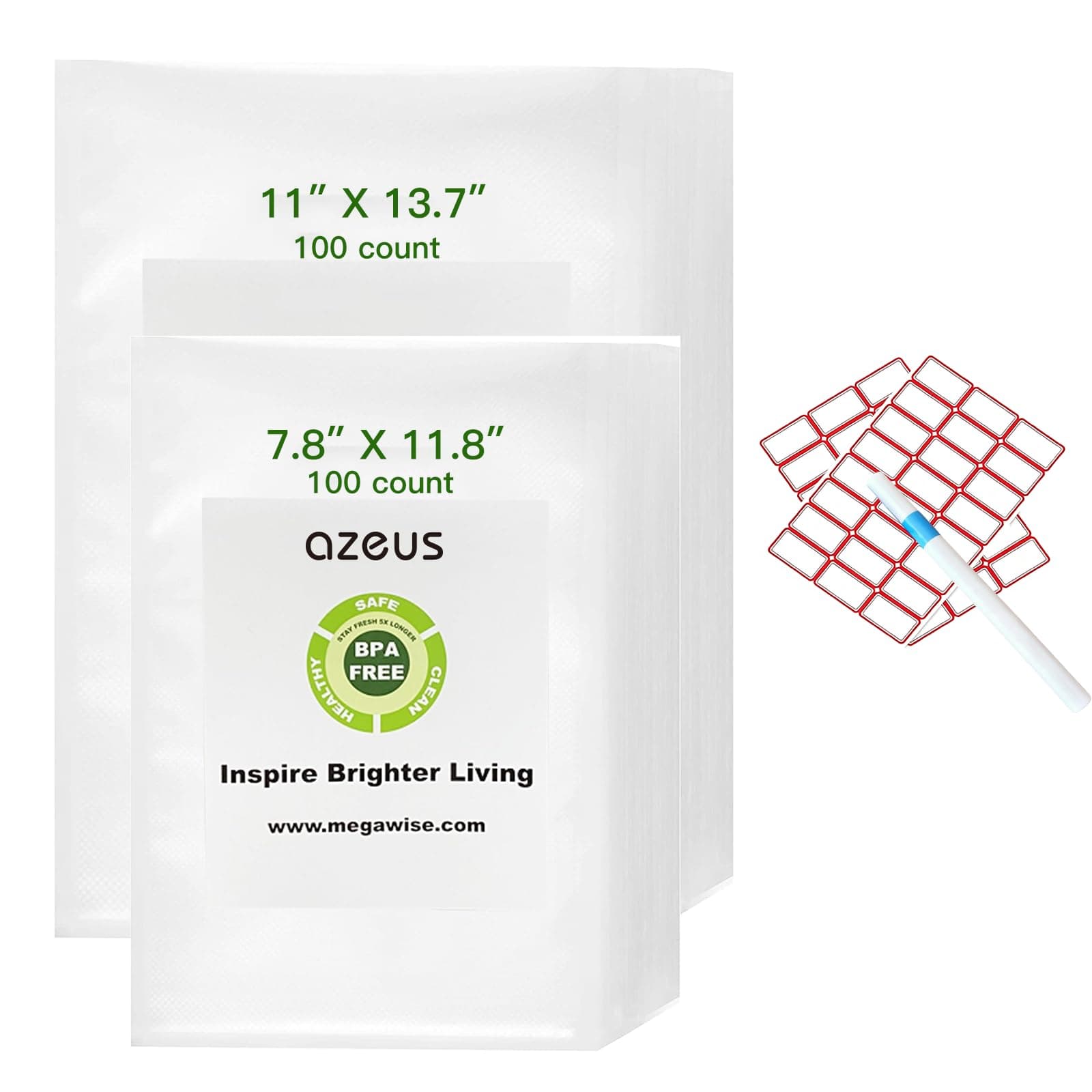 AZEUS Vacuum Sealer Bag Set with Labels & Marker, 200 Bags (100pcs 7.8×11.8in + 100pcs 11×13.7in), BPA-Free Food Storage Bags for All Vacuum Sealers, Ideal for Meal Prep, Freezer Storage & Sous Vide