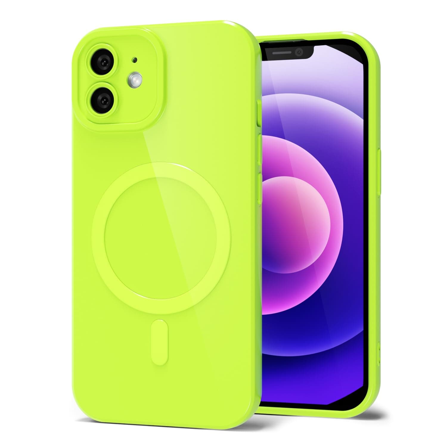Svanove for iPhone 12 Mini Phone Case Silicone Magnetic, Compatible with Magsafe Case Cute for Women, Girly Bright Color Glossy Jelly Thin Slim Hard Mag Safe Rubber & Camera Cover, Neon Green Lime