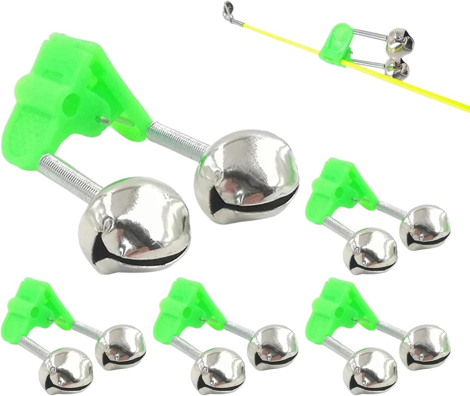 5Pcs Fishing Bells for Rods, Fishing Pole Bells Clamp, Fishing Pole Bell Fishing Rod Alarm Bell, Bait Alarm Bell Fishing Rod Copper Bells with Double Alert Bells for All Kinds of Sea Rod (Green)