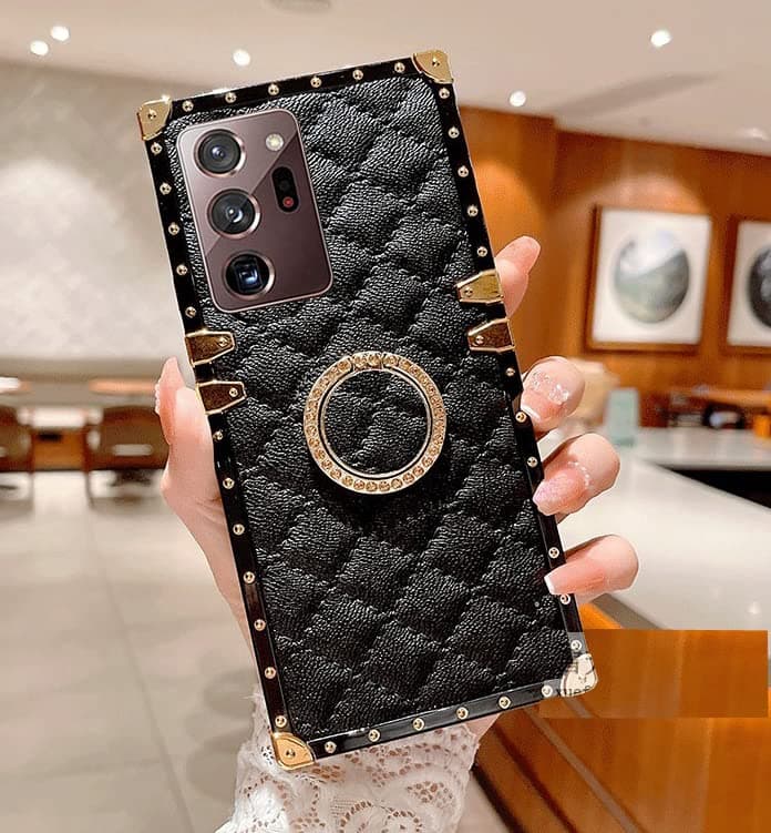 ZBCLV for Samsung Galaxy S21 Ultra 5G Trunk Case Luxury Diamond Skin Box Design Cute Gold Corner Bling Cover with Finger Ring Grip Kickstand for Women Girls Phone Skin,Black