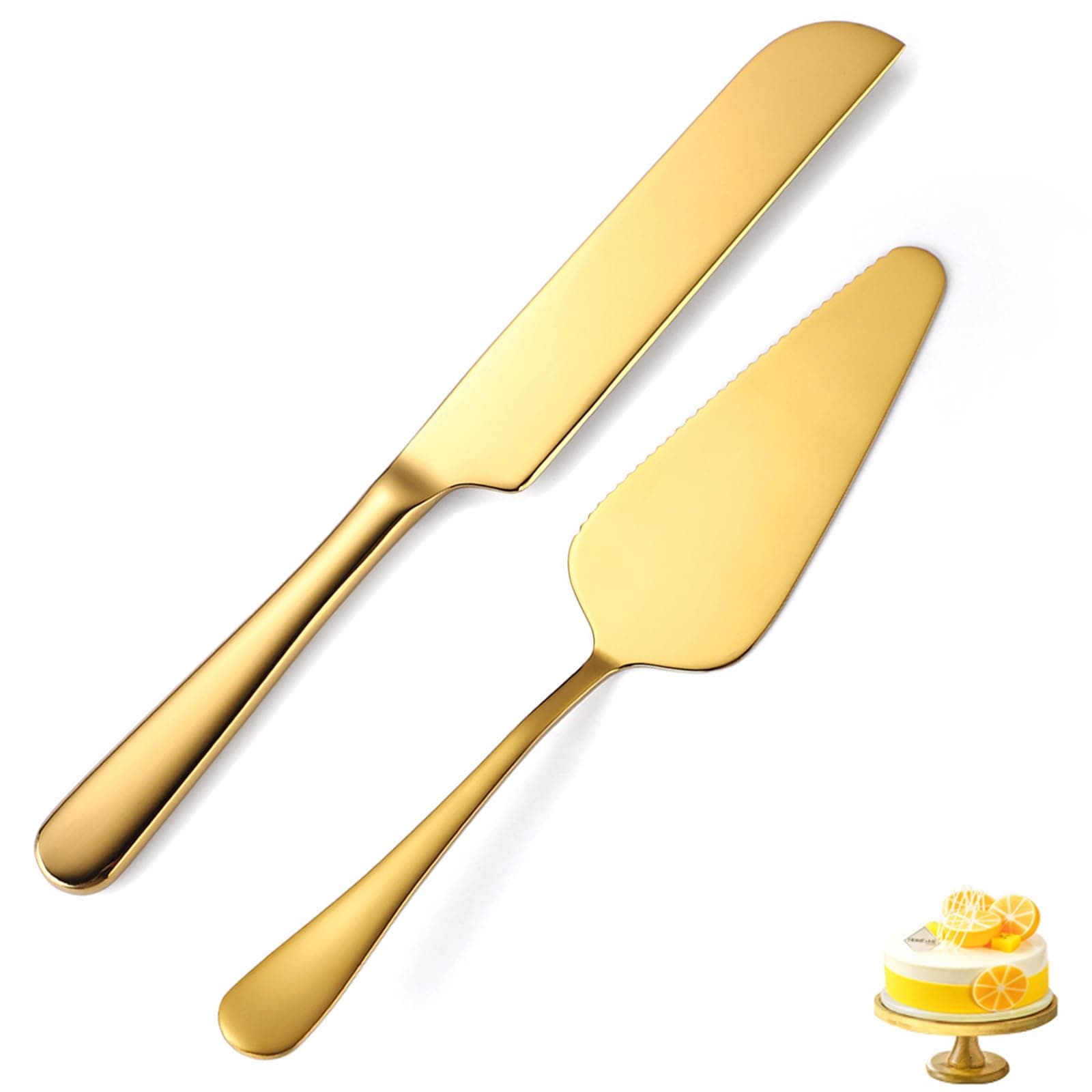 tiokin Wedding Cake Knife and Server Set, 2Pcs Cake Cutting Set Gold Include Stainless Steel Cake Cutter and Cake Server Perfect for Wedding, Christmas, Birthday and Events, Dishwasher Safe