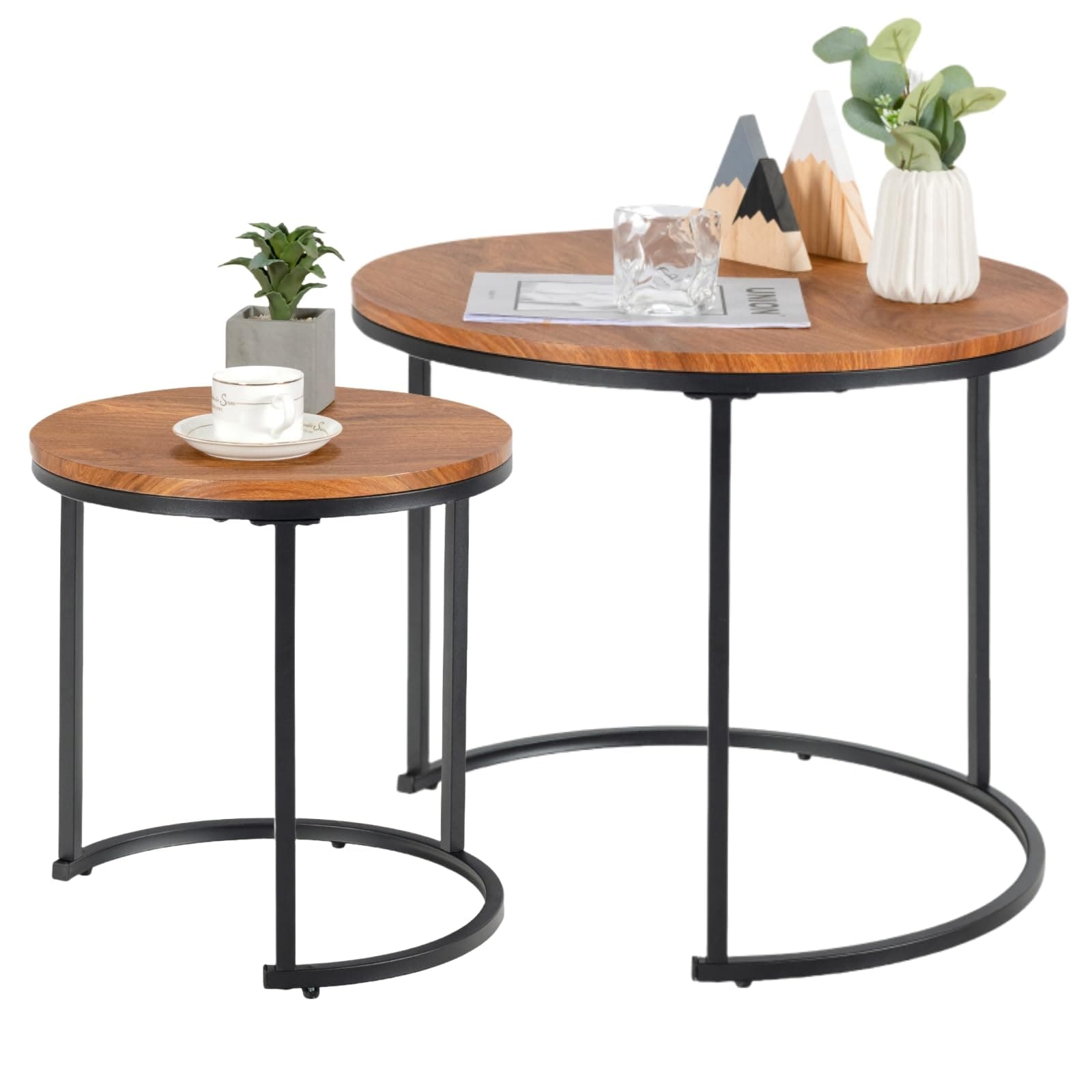 LUARANE Small Coffee Table Set of 2, 24” Round End Table with Wood Tabletop & Steel Frame, Industrial Side Tables, Nesting Coffee Table for Living Room, Bedroom, Balcony & Yard (Walnut)