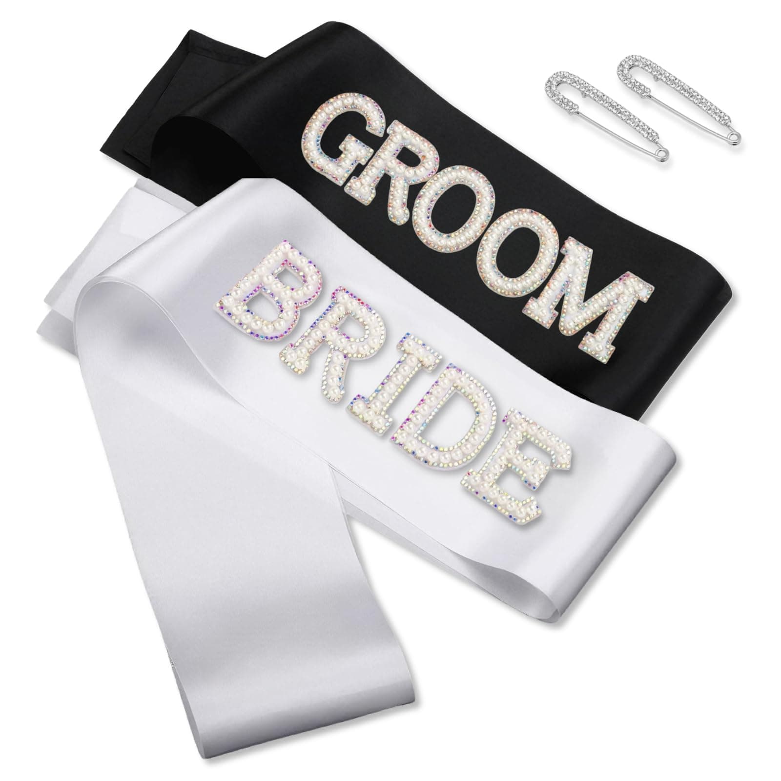 Groom & Bridal Sash Set - Pearl Rhinestone Wedding Sash, 2Pcs w/Pins