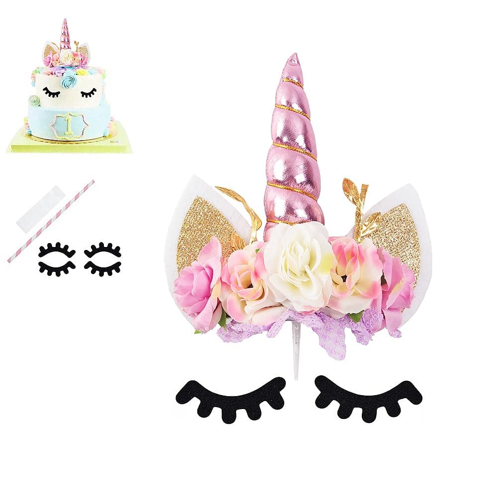 Nishine Rose Floral Unicorn Cake Topper Birthday Party Cake Decoration (Pink&Ivory)