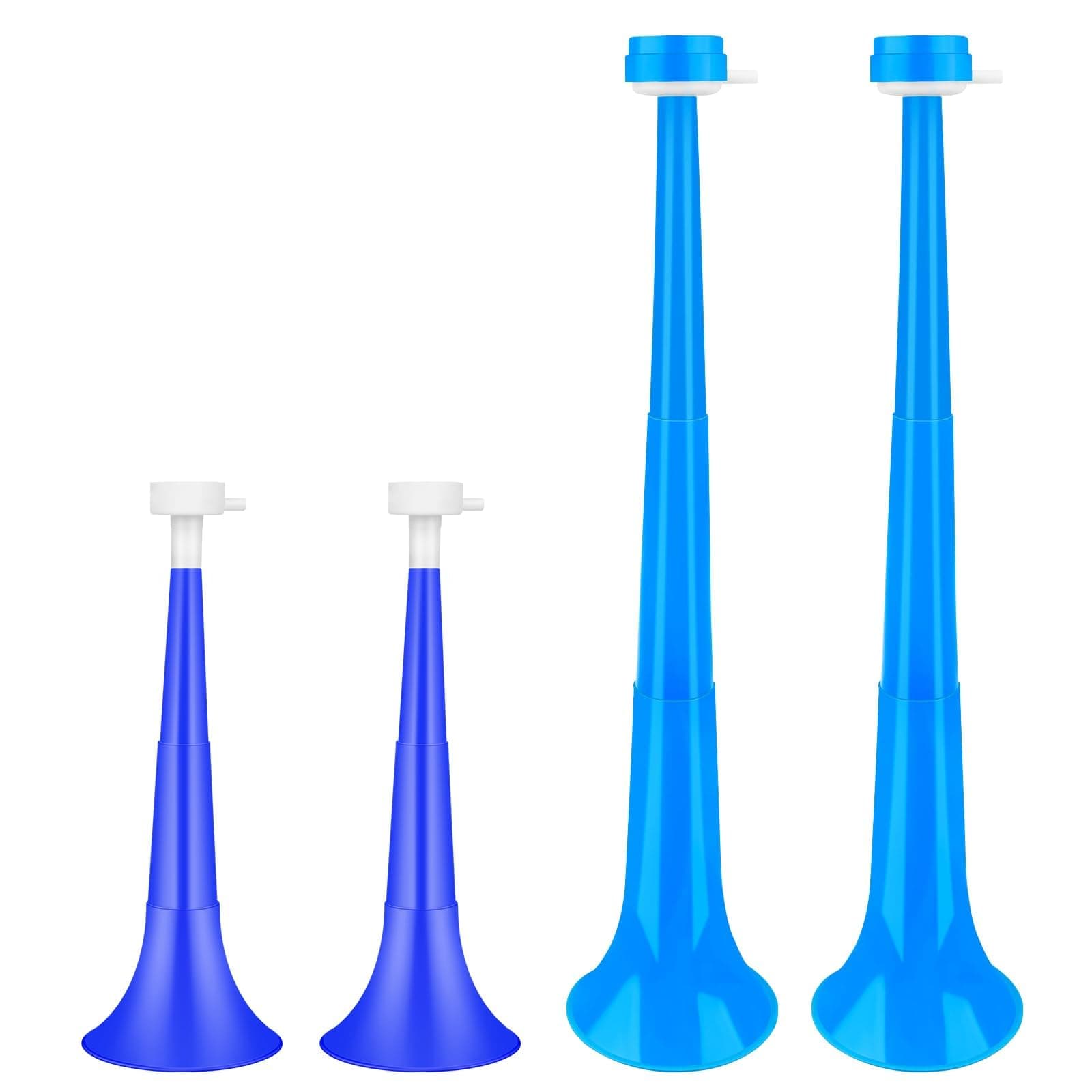 Denylo pro 4 Pcs Collapsible Stadium Horn Set NoiseMaker Vuvuzela Plastic Trumpet Horn Set Blue Soccer Horn Blow Horn Noisemakers for Sporting EventsParty Supplies