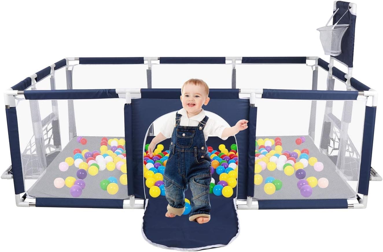 ITHWIU Baby Playard, 74 X 51 Inch New Long Large Play Pen, Baby activity center with Shooting and Pull Ring, Without mat and Ocean Ball, Blue