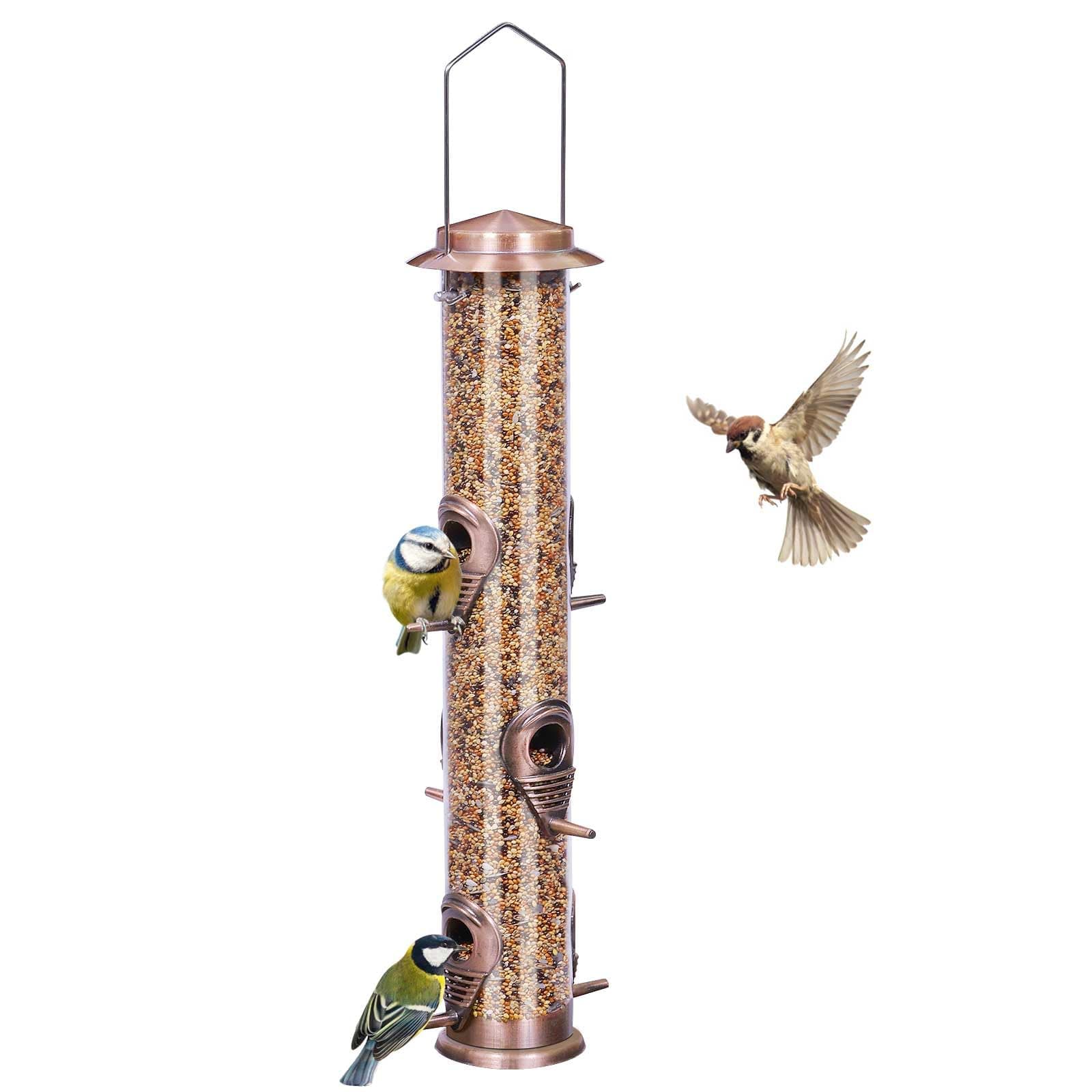 ERYTLLY Metal Bird Feeder for Wild Birds - 1.4mm Extra Thick Solid Transparent Tube with Steel Hanger, Squirrel Proof for Outside (Antique Copper-Metal 6 Feeding Ports)