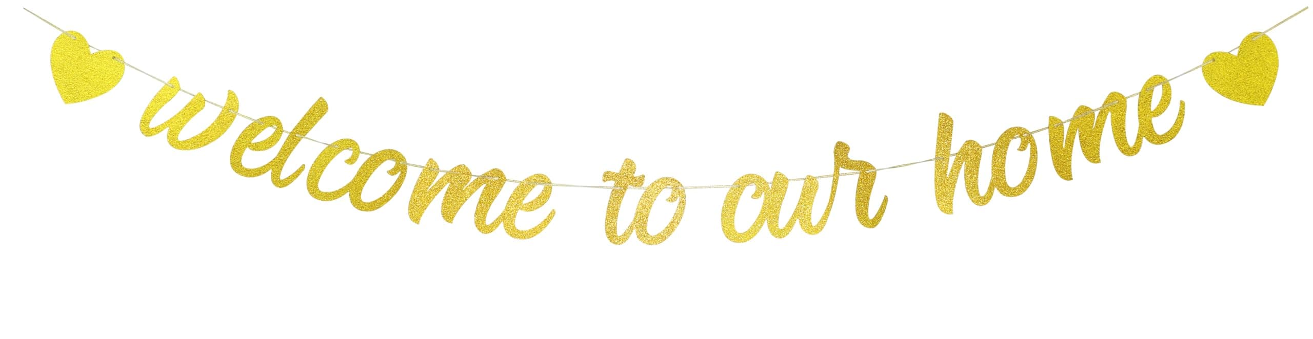 Glitter Gold Welcome to Our Home Banner for Housewarming Patriotic Military Decoration Family Party Supplies Cursive Bunting Photo Booth Props Sign(Gold Home)