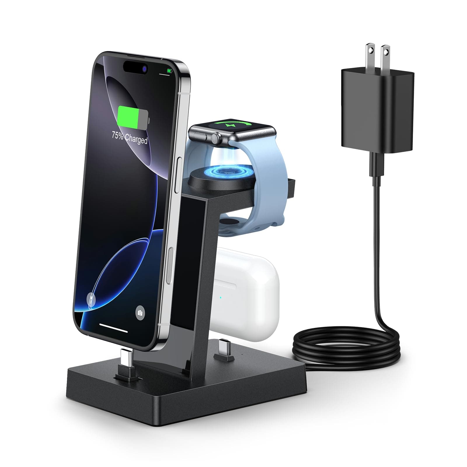 30W Fast 3 in 1 Charging Station for Apple Devices - ADADPU USB C Charger Stand for iPhone 17 16 15 Pro Max Plus & AirPods 4,Wireless Charger Dock Compatible with Apple Watch Ultra/10/9/8/7/6/5/4/3/SE