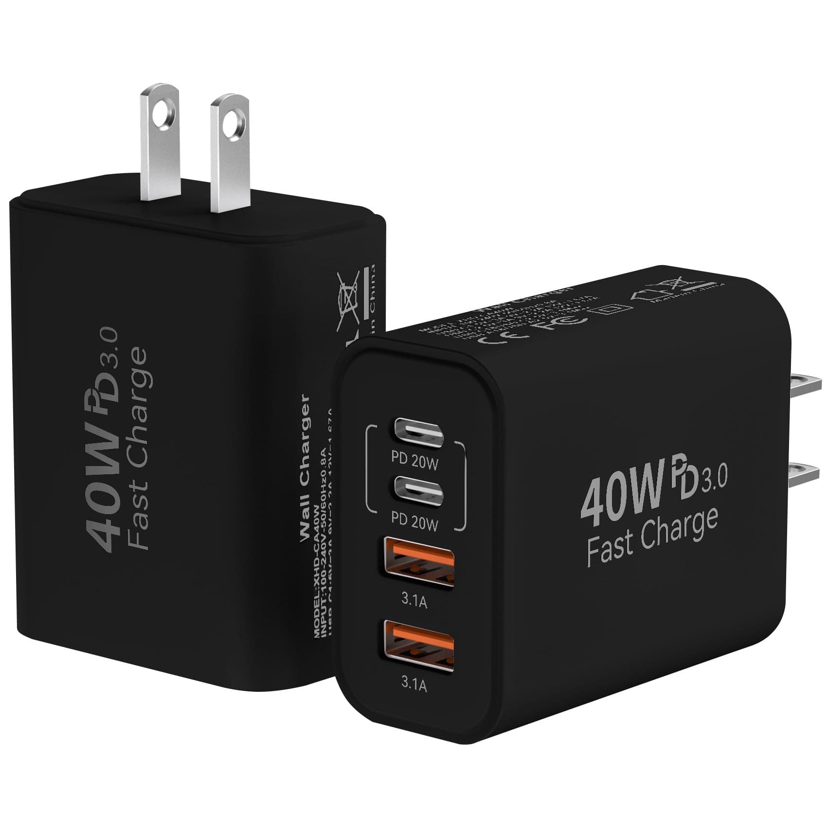 USB C Wall Fast Charger Block, 40W 4-Port Type C Chargers Fast Charging Blocks PD Power Charger Adapter+QC 3.0 USB Multiport Charger Brick for Phone 17/16/15/14/13/12 Pro Max, i-Pad, Galaxy S25-2Pack
