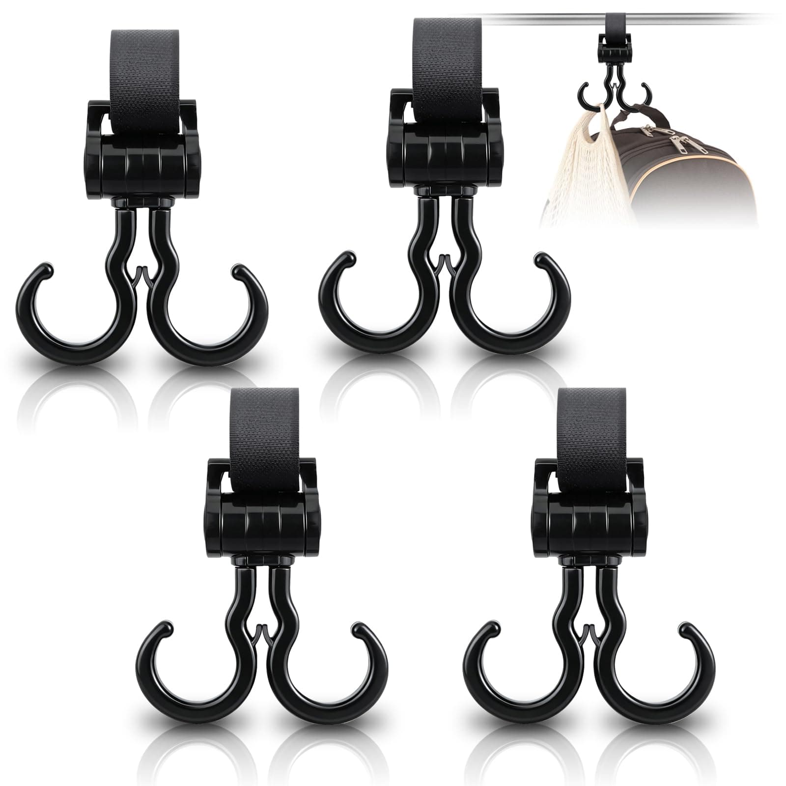 4 PCS Walker Hook Hanging with Dual Hook, 360° Rotation Multipurpose Stroller Hooks for Hanging Diaper Bags, Baby Stroller Wheelchair Hanger Clip Accessories, for Walker, Shopping Cart, Car Back Seat