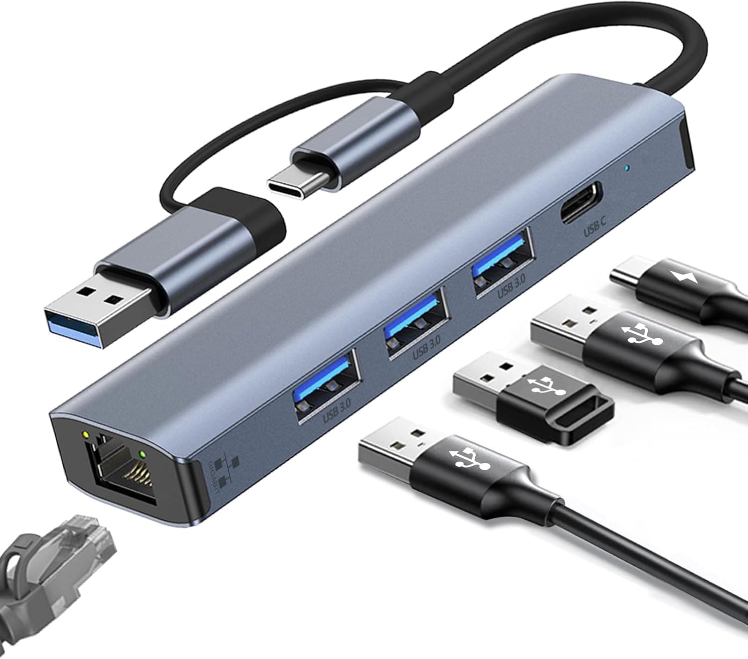 USB to Ethernet Adapter, Gigabit RJ45 LAN 1000 Mbit/s Network Adapter with 3 *USB 3.0, 1 *Type C, 1 *RJ45 Ports, USB-C to Ethernet Adapter for Windows XP/MAC/Linux/Chromebook, Plug and Play