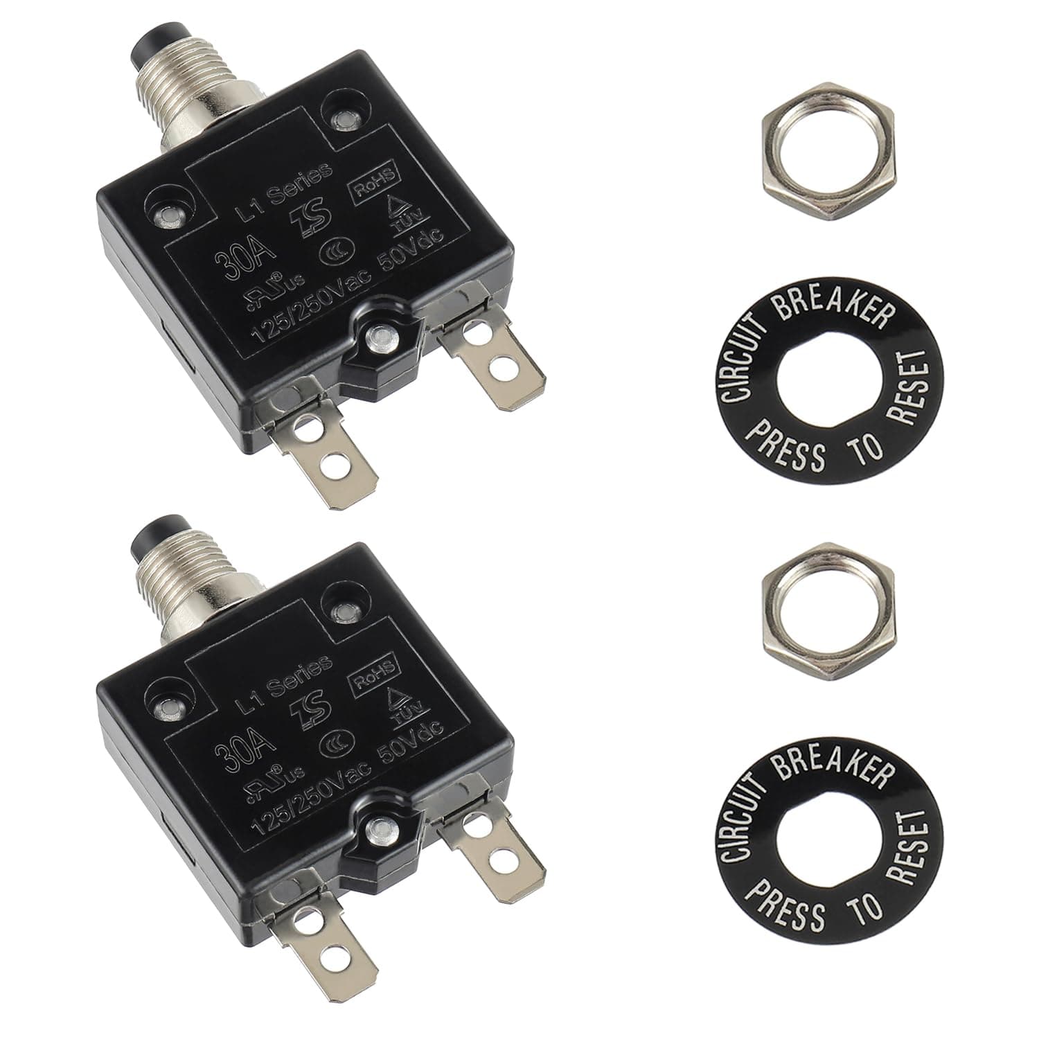 HUAREW 30 Amp Push Button Circuit Breaker 125-250V AC 50V DC L1 Series Manual Reset Thermal Circuit Breaker 30A Thermal Overload Protector (Pack of 2)