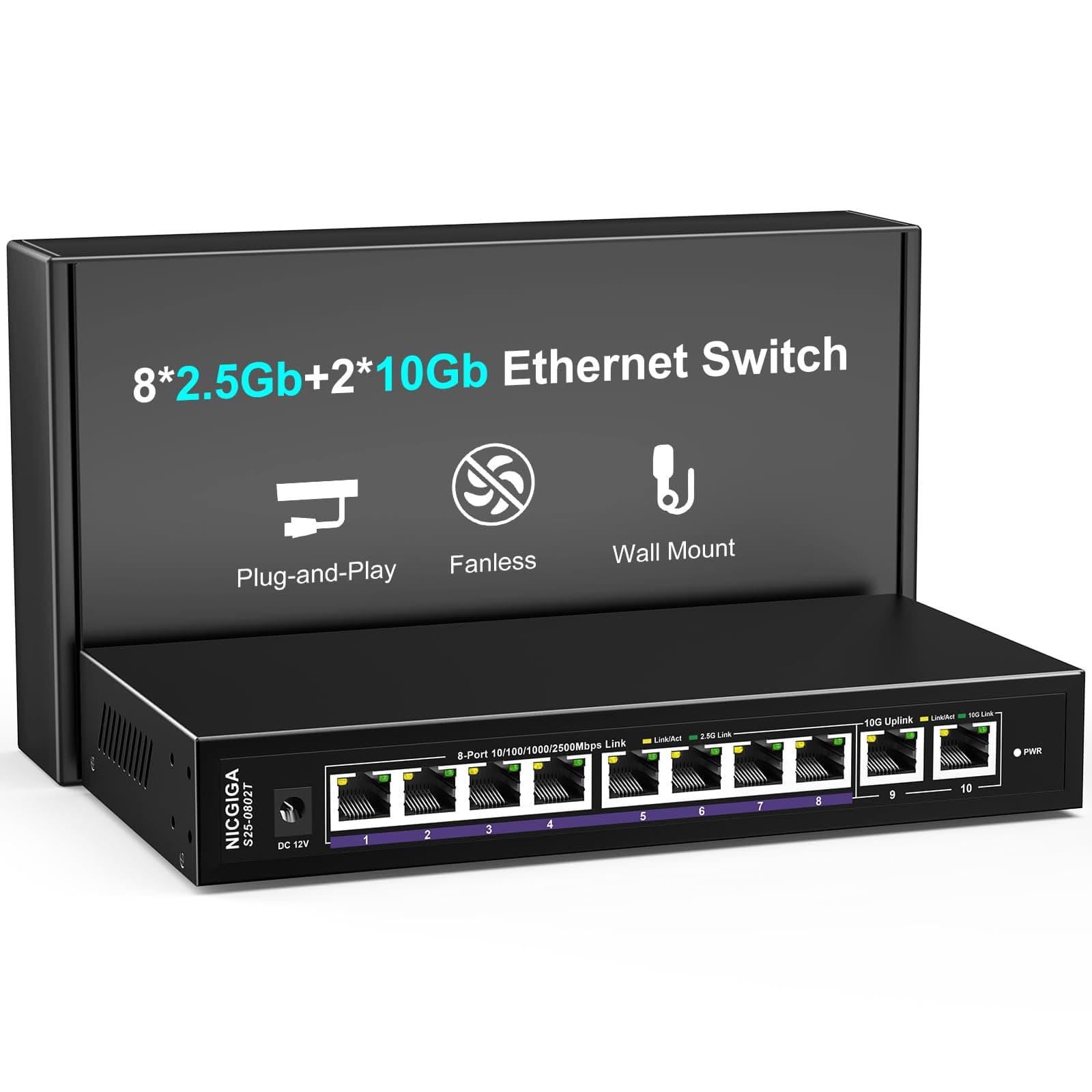 10Gbe Ethernet Switch Unmanaged with 2 x 10Gb RJ45 Ports + 8 x 2.5Gb Base-T Ports, Desktop/Wall Mount NICGIGA 10 Port 10Gbps Network Switch for Wireless AP, NAS, PC