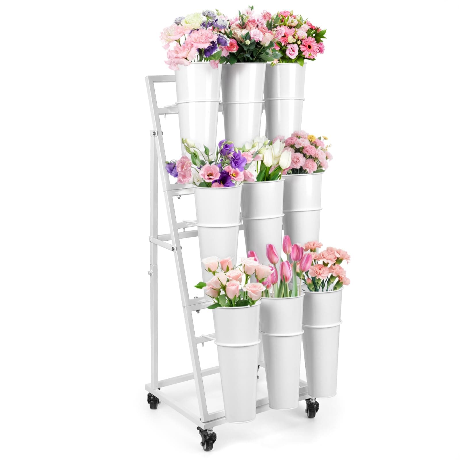 LEALIBAUSS 3FT Flower Display Stand with 9 Buckets,Metal Flower Bar Stand with Wheels,3 Layers Moving Florist Bouquet Shelf for Indoor Outdoor Garden,Flower Shop,Wedding,Party Decor (WHITE)