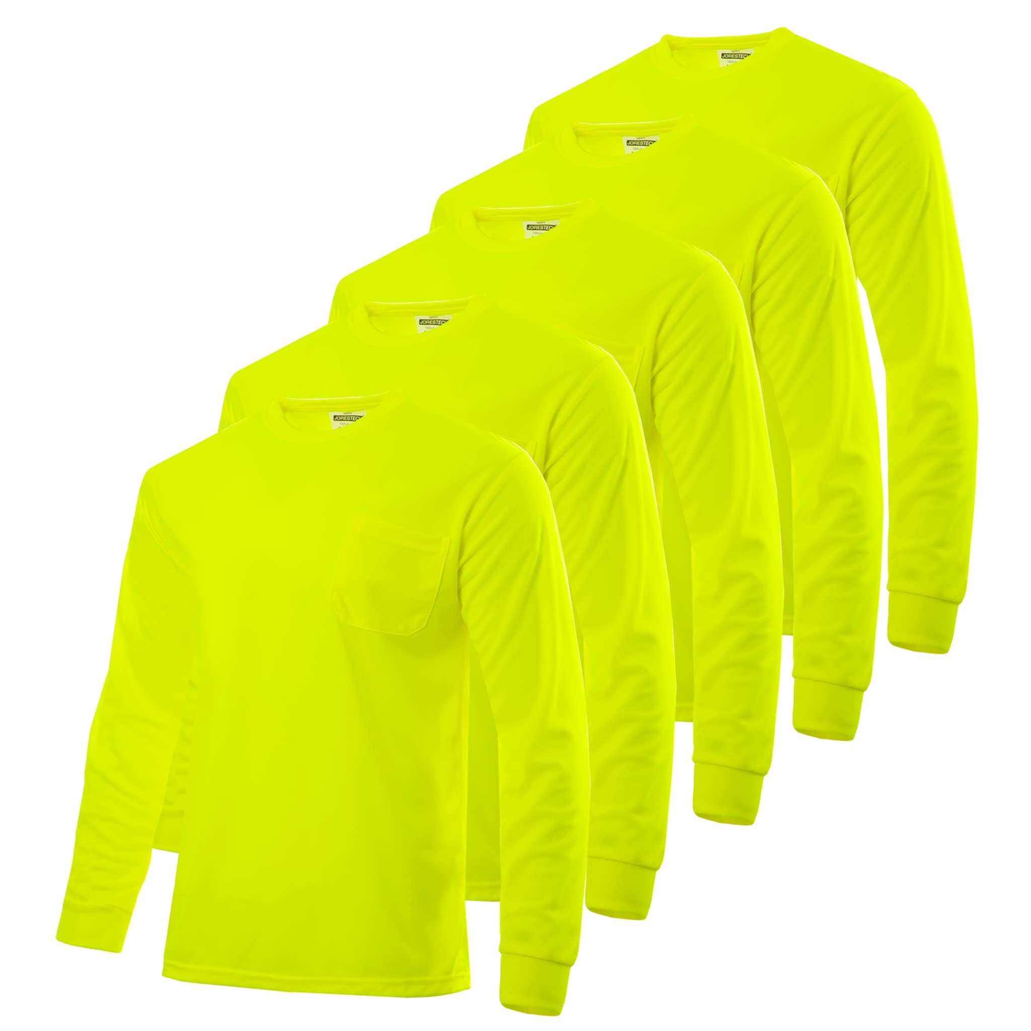 JORESTECH Safety Bright Visibility Long Sleeve Work T Shirt with Chest Pocket, Moisture Wicking Fabric, Pack of 5 Yellow