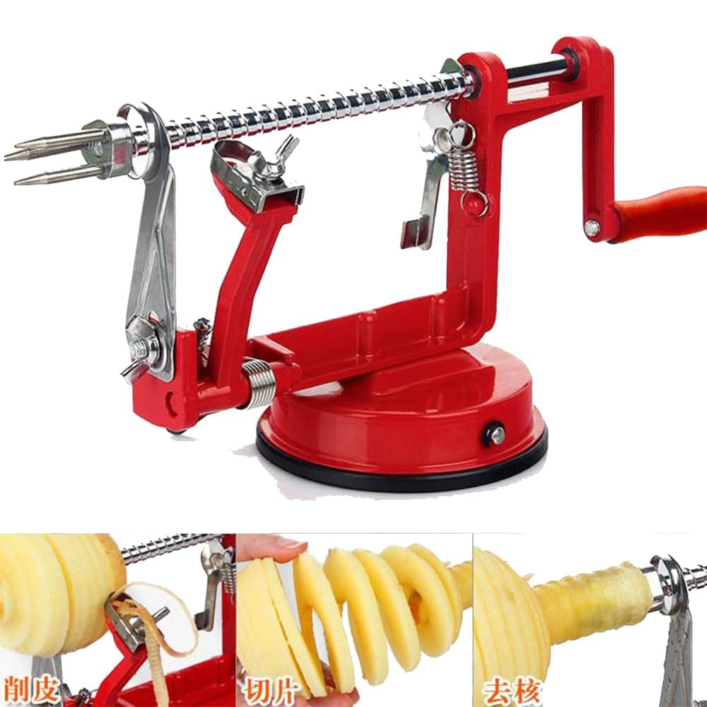 BoYue Apple Peeler, Stainless Steel Apple Corer Slicer Peeler, Durable Heavy Duty Die Cast Magnesium Alloy Apple Peeler Slicer Corer with Suction Base, vermilion