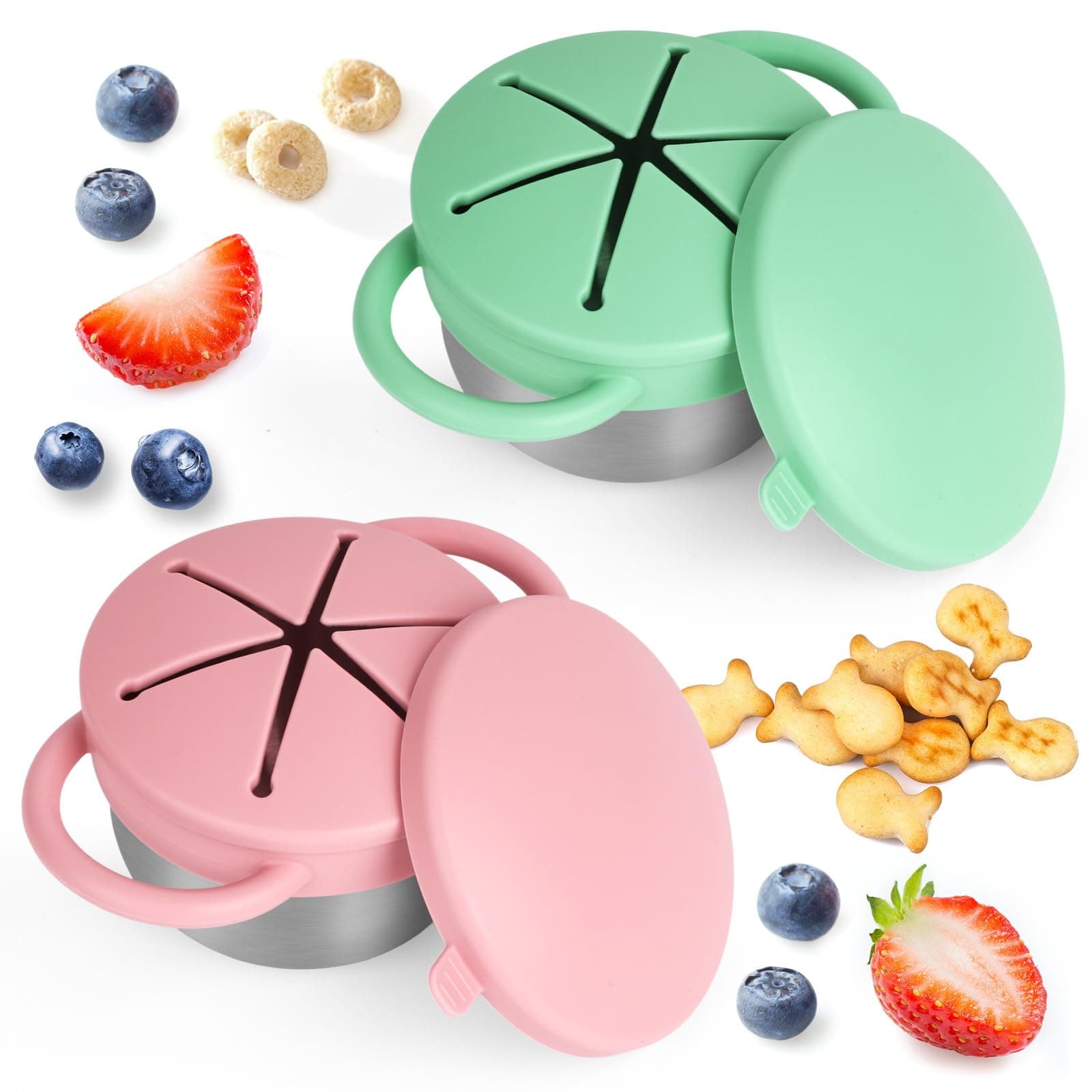 2 Pack Snack Cups for Toddlers Spill Proof - Detachable Stainless Steel Toddler Snack Cups with Silicone Lids & Handles