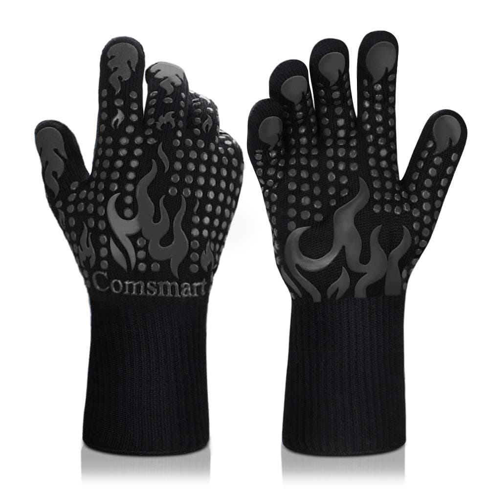 Comsmart BBQ Gloves, 1472 Degree F Heat Resistant Grilling Gloves Silicone Non-Slip Oven Gloves Long Kitchen Gloves for Barbecue, Cooking, Baking, Cutting, Black