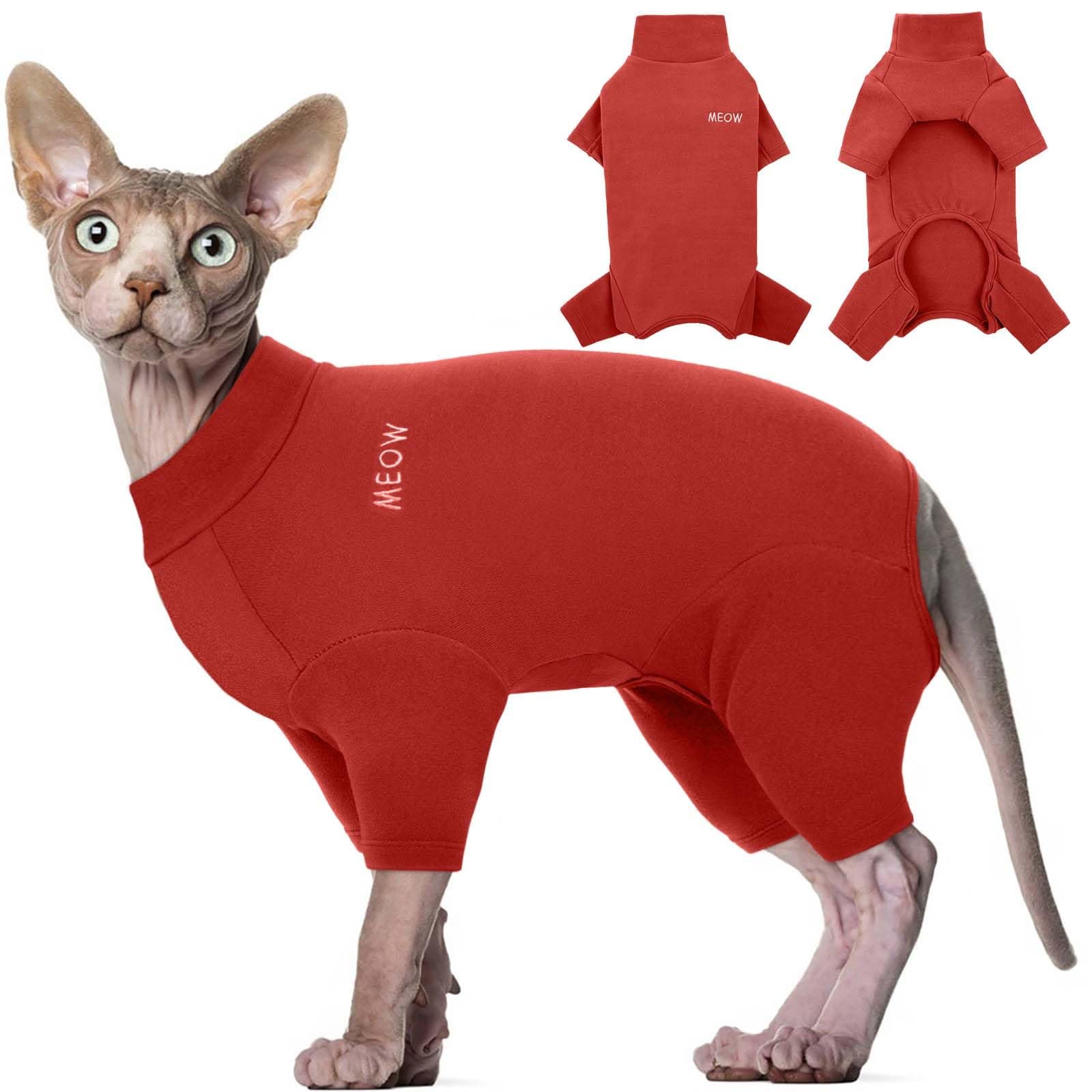 ROZKITCH Hairless Cat Clothes, Breathable Soft Cat Jumpers for Cats Only, Cat Coat with Four Legs, Warm Cat Sweater Cat T-Shirt Cat Pajamas Jumpsuit Vest Cornish Rex Devon Rex Peterbald Red 2XL