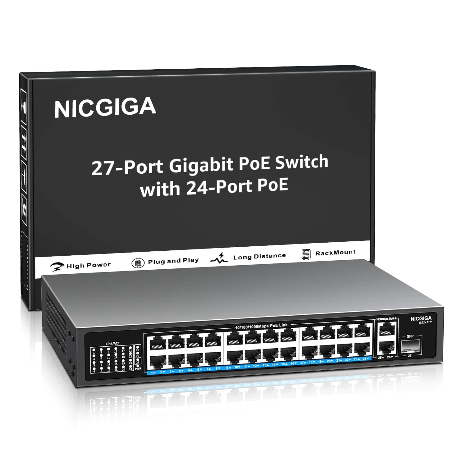 NICGIGA 24 Port Gigabit PoE Switch with 24 Port PoE+@300W, 2 Gigabit Uplink Port, 1 SFP, Sturdy Metal for Desktop/Rack Mount, Plug and Play, Unmanaged Power Over Ethernet Switch.