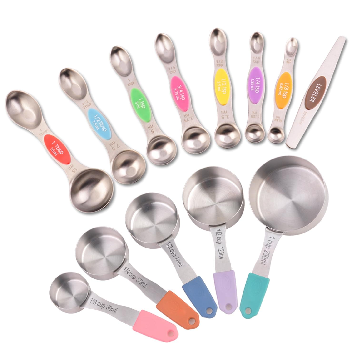 13-Piece All-Magnetic Measuring Cups and Spoons Set, 430 Stainless Steel Metal Measuring Cup and Spoon Set with Silicone Handles & Leveler for Baking Cooking (Multi-color)