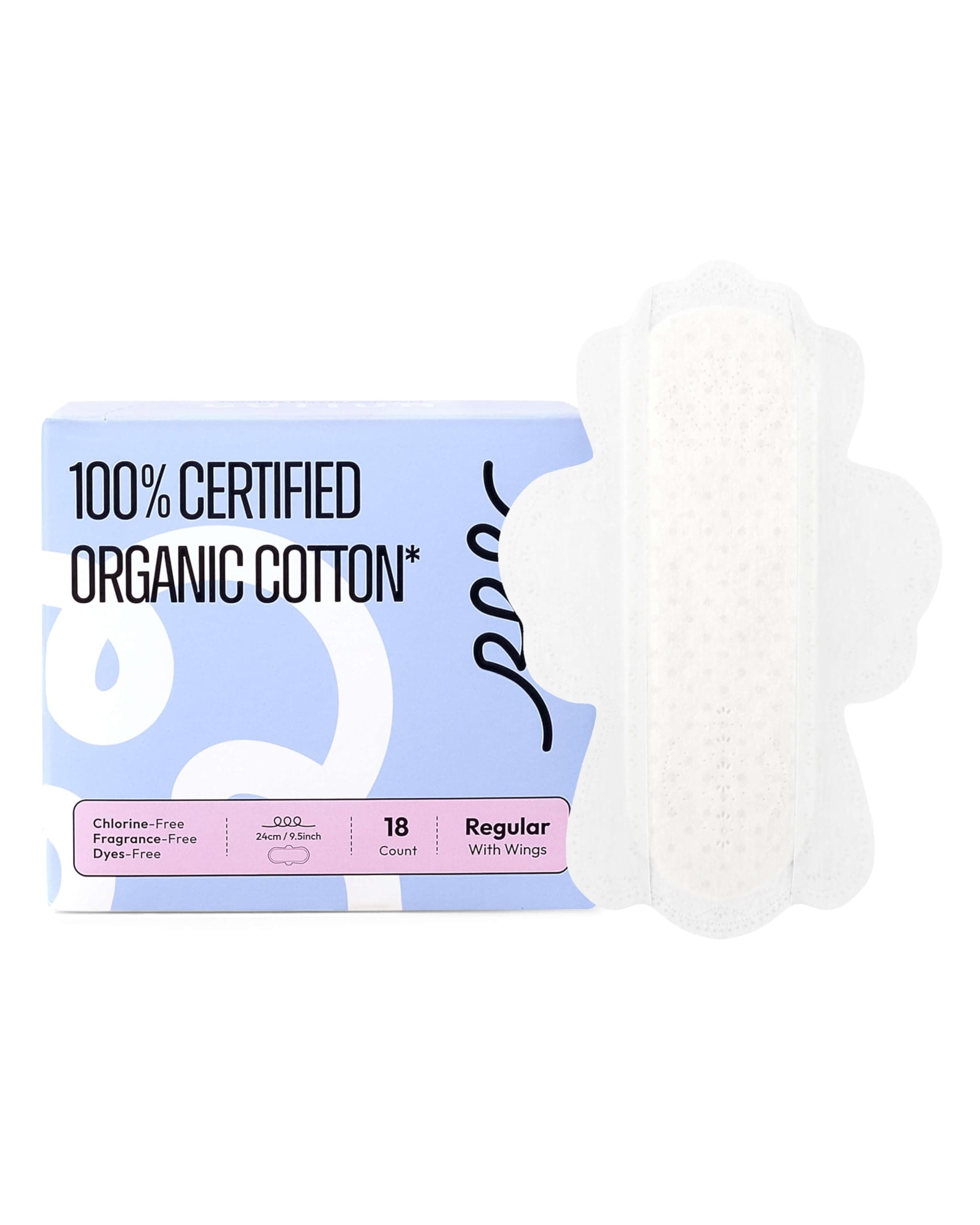 100% Organic Pads for Women, Organic Cotton Cover Pad - Regular Absorbency, Unscented, Ultra Thin Pads with Wings for Women (Regular, Size 3, 18 Count)