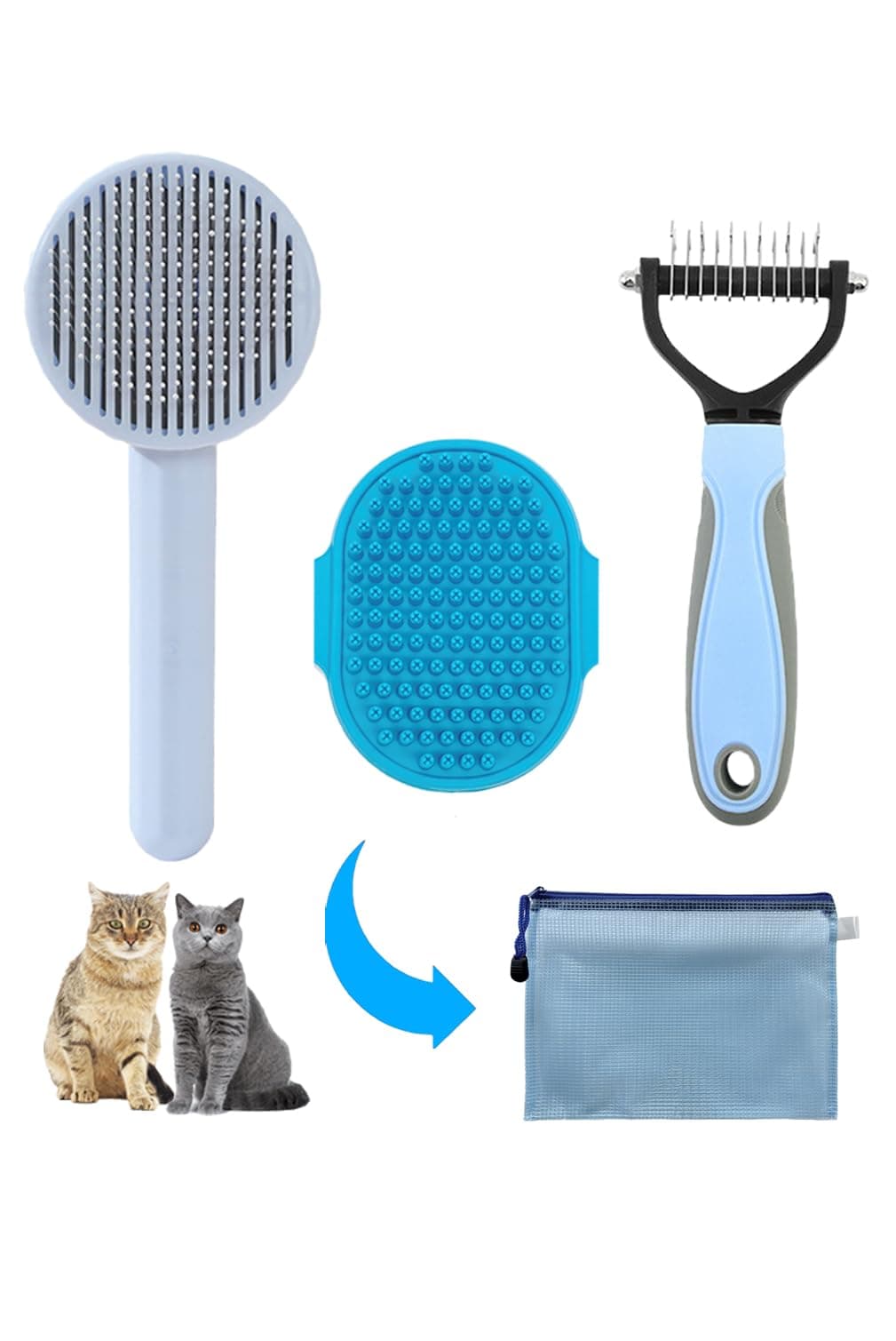 Cat Brush for Shedding 3pcs - Long Haired Cats Brush, Indoor Cats Brush, Small Dogs Brush, Matted Fur Hair Brush with Flea Comb Set, Blue