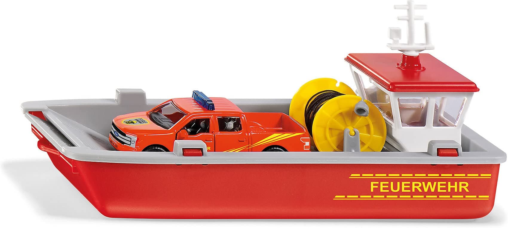 Siku 2117, Fire Brigade Workboat, 1:50, Metal/Plastic, Red/Yellow, Incl. Ford F150 Pick-Up and Sticker Sheet