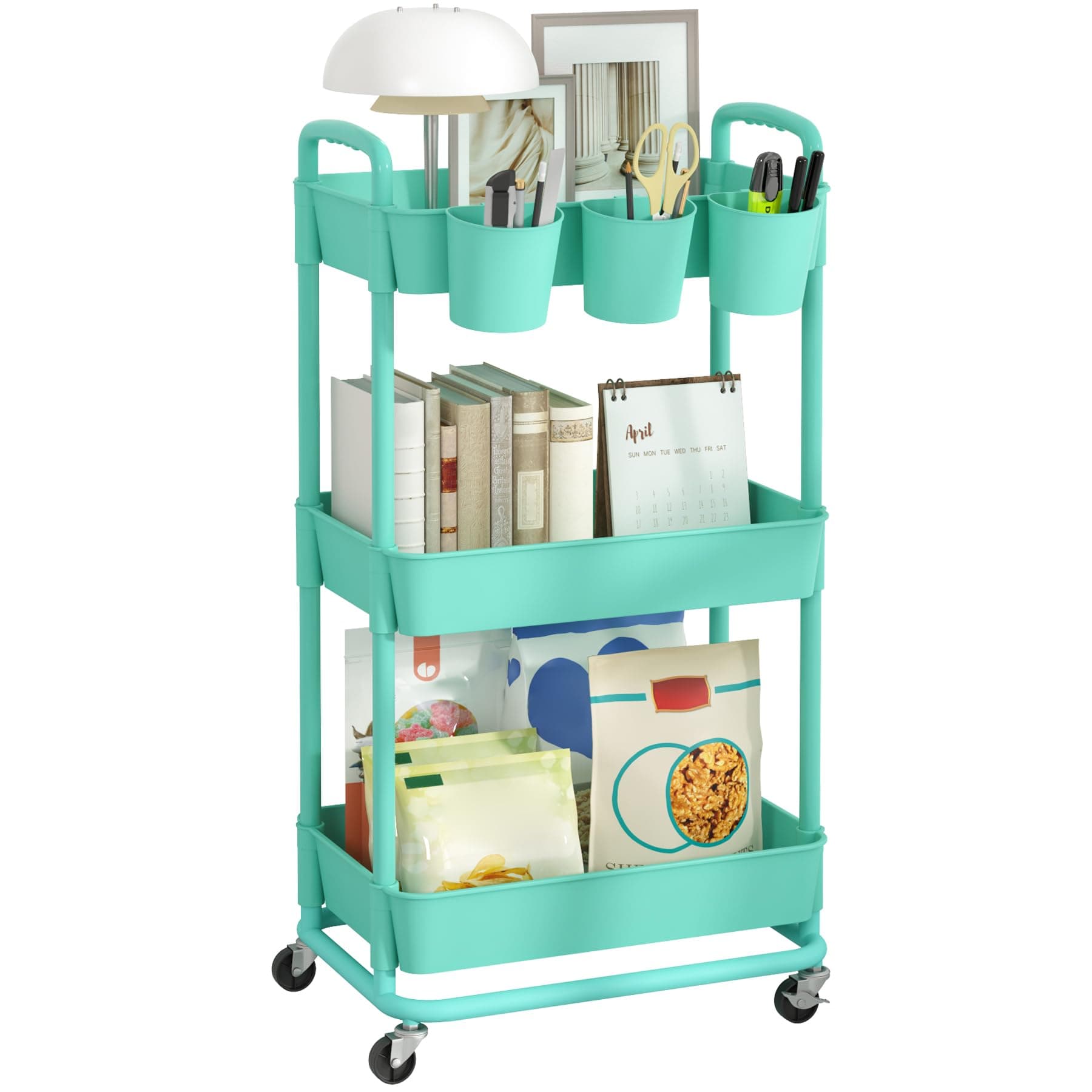 JIUYOTREE 3-Tier Plastic Rolling Storage Cart Utility Cart with Extra Hanging Cups Handles Lockable Wheels for Living Room Bathroom Kitchen Office Green