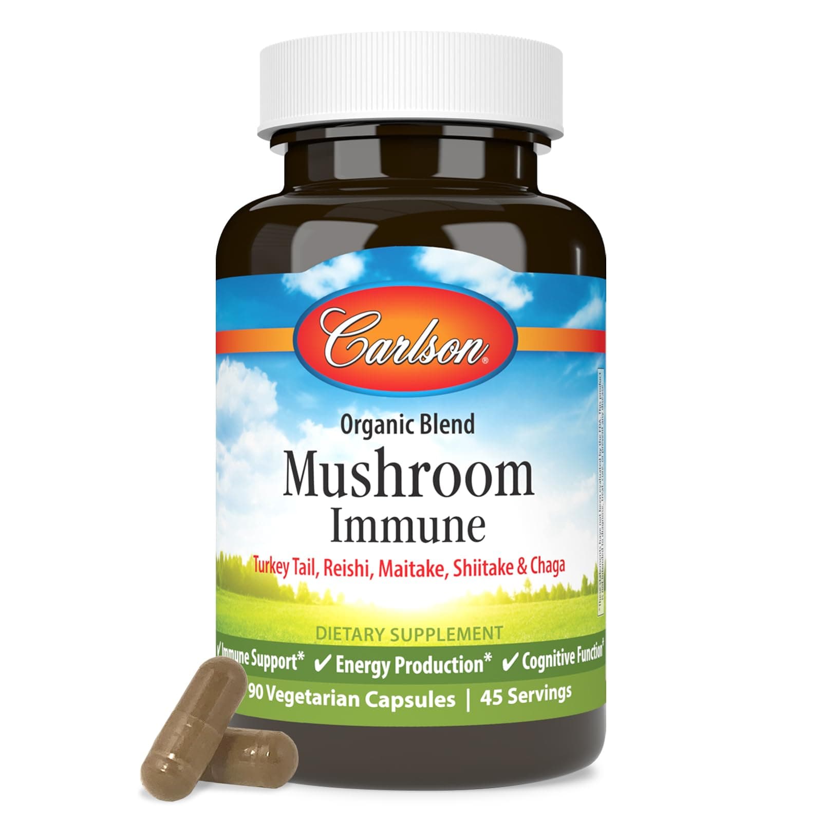 Carlson - Mushroom Complex, Organic Blend, with Turkey Tail, Reishi, Maitake, Shiitake, Chaga, Non-GMO, 90 Vegetarian Capsules