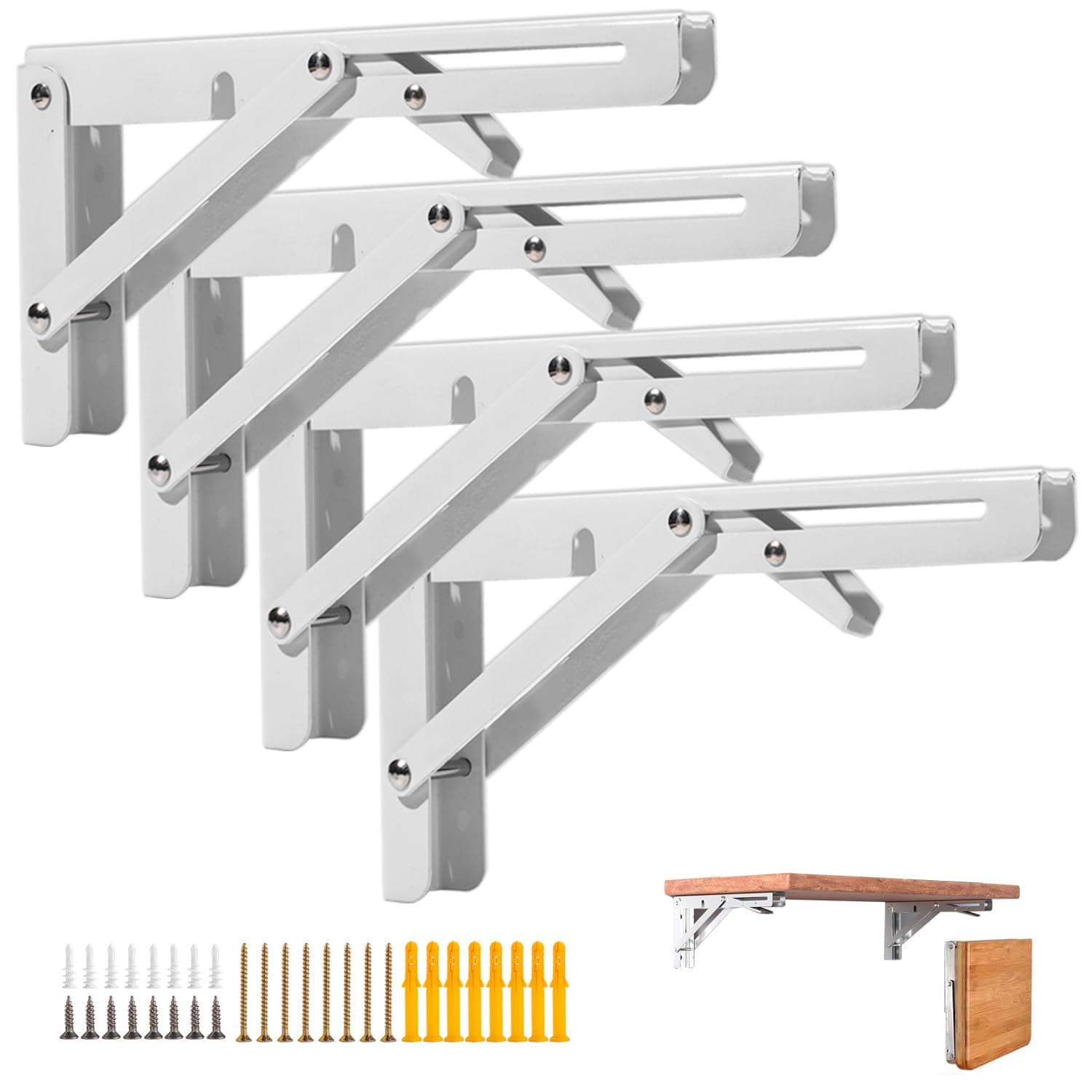 4PCS 12" Folding Shelf Brackets, Shelf Brackets Max. Load 220 lb Collapsible Heavy Duty Stainless Steel DIY Wall Mounted Shelf Bracket Space Saving for Work Table Bench, (White/12In/4pcs)