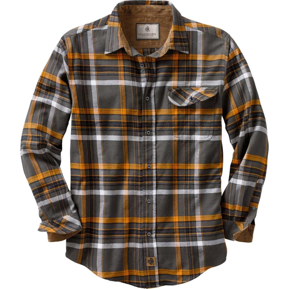 Legendary Whitetails Men's Buck Buck Camp Flannel Shirt, Long Sleeve Plaid Button Down Casual Shirt for Men, with Corduroy Cuffs, Fall & Winter Clothing, Platinum Plaid, X-Large
