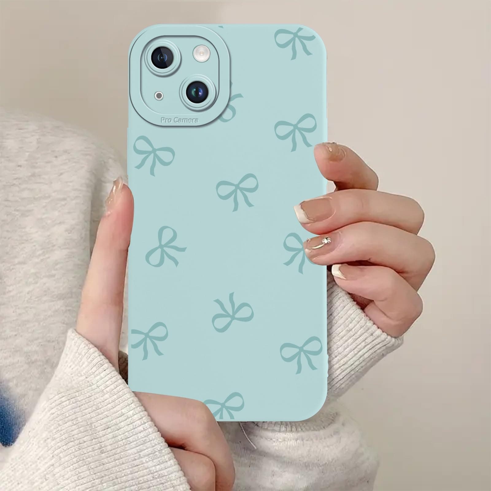 Zrutru Cute Bow Phone Case for iPhone 14 Trendy Ribbon Pattern Aesthetic Phone Funda for Women Girls,Raised Bumper Shockproof Silicone TPU Cover for iPhone 14 6.1 Inch - Blue