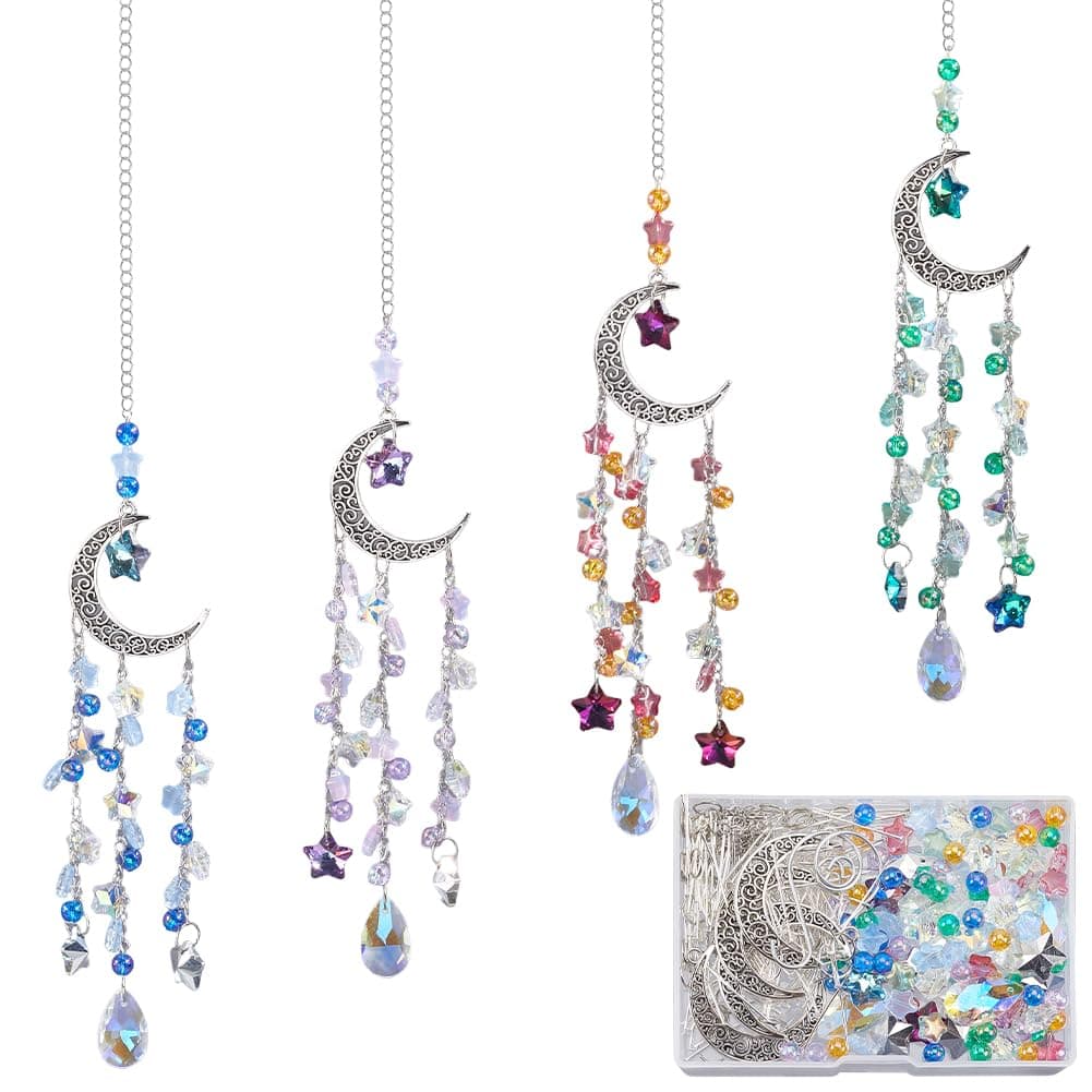 SUNNYCLUE 1 Box DIY 8 Sets Moon Suncatcher Craft Rainbow Catcher Window Moon Star Five Star Pentagram Ab Colored Beaded Teardrop Sun Light Catcher Making Kit for Hanging Ornament Garden Decorations